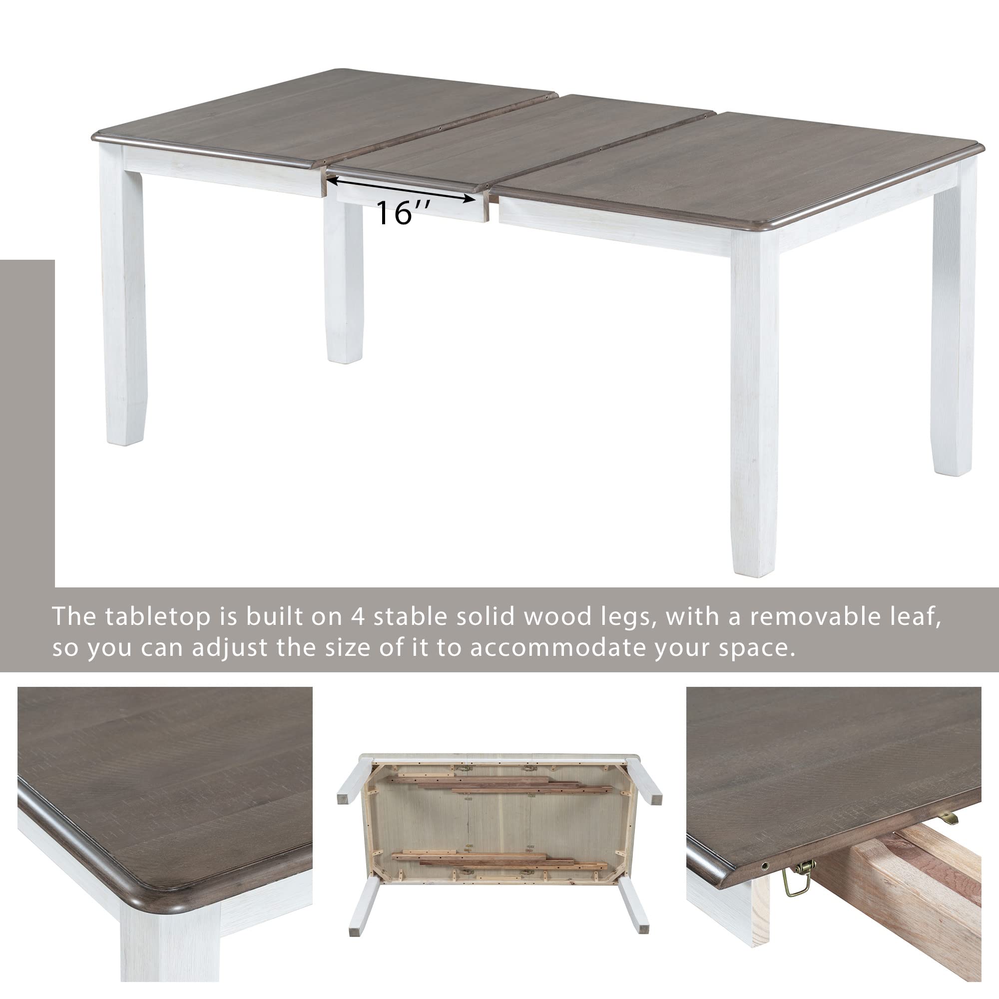 KLMM Classic 7-Piece Antique Wooden Dining Table Set with Extendable Leaf & 6 Padded Chairs - Rustic Brown & White Kitchen Dining Room Furniture for Family Gatherings & Entertaining Guests