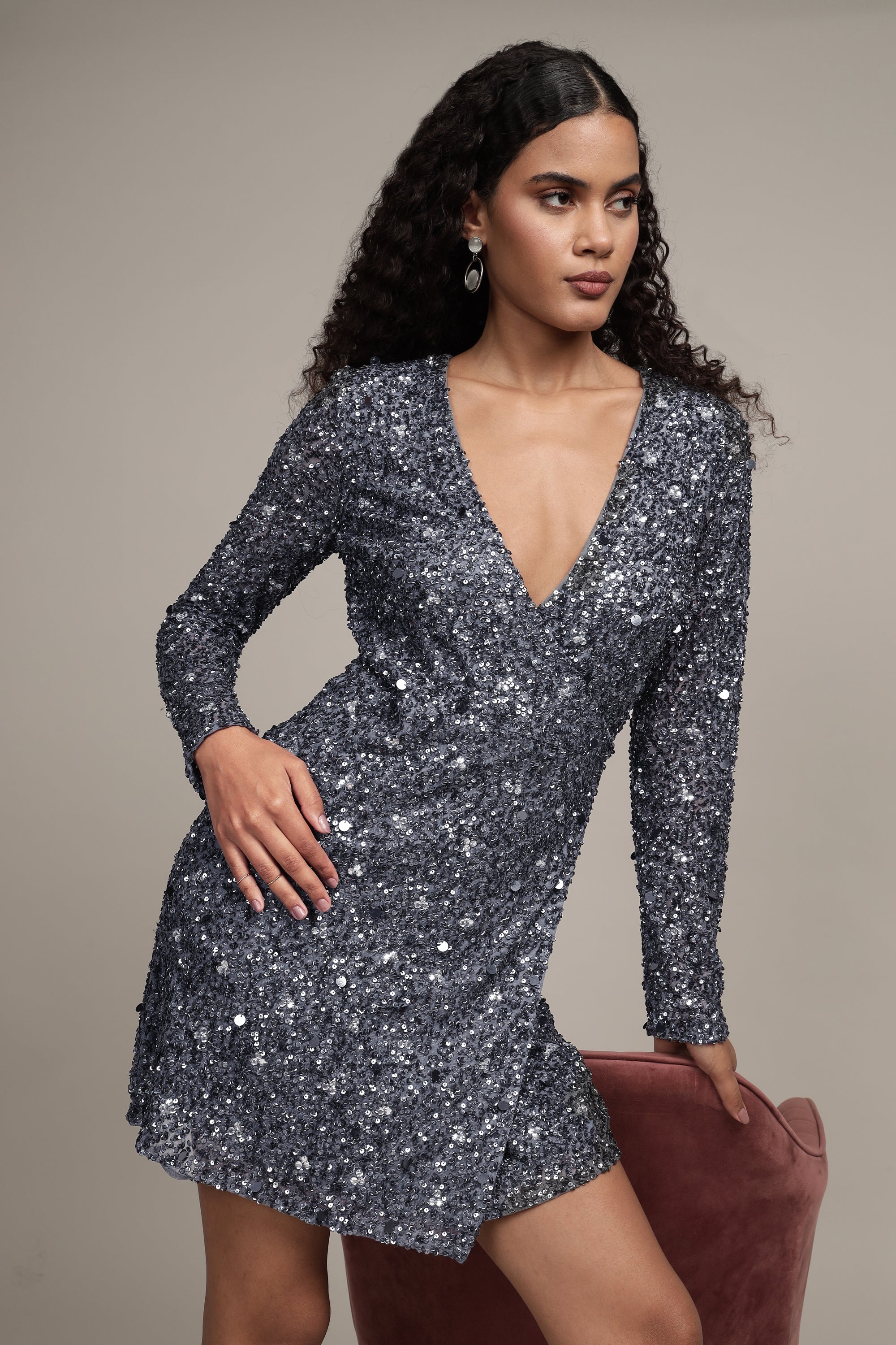 Gwen Grey Long Sleeve Embellished Mini Dress for Women | Elegant Party & Cocktail Dress | Perfect for Night Out, Date Night, and Special Occasions