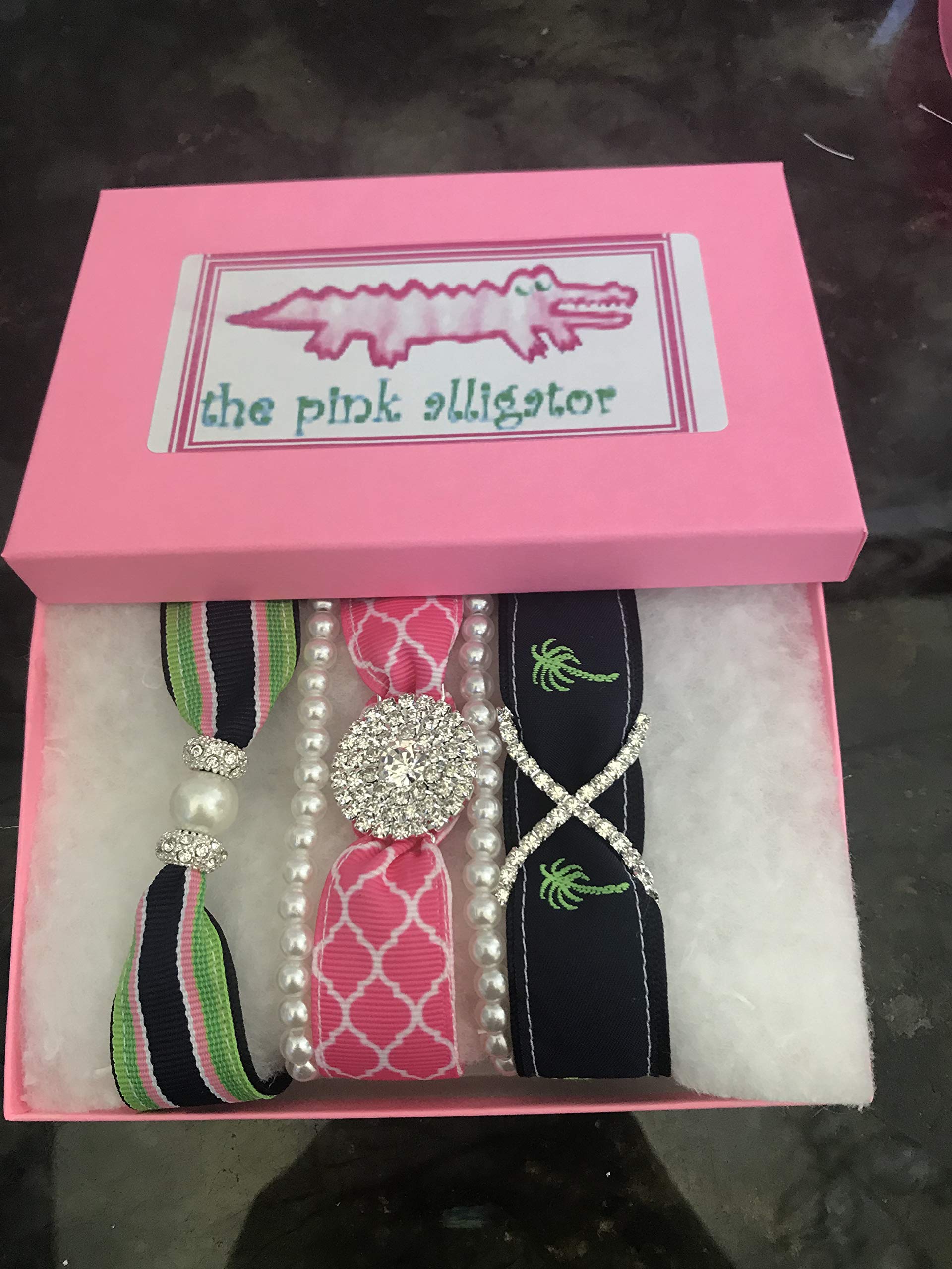 Palm Tree Pearl Pink Lattice Preppy Ribbon Magnetic Bracelet Set for Women - Perfect for Beach Vacations, Summer Parties & Boho Fashion Accessories