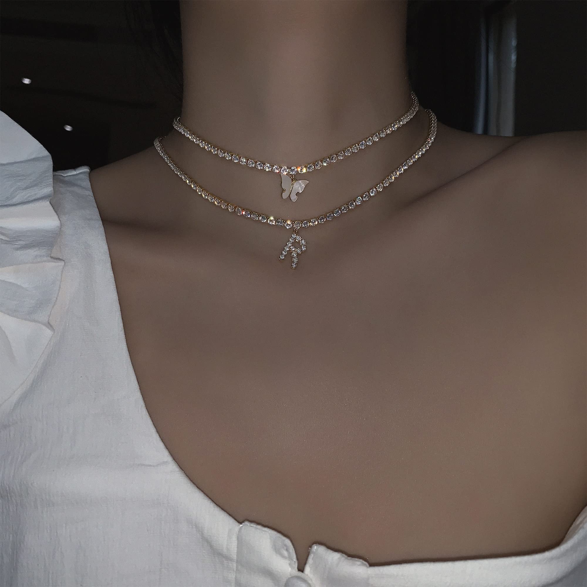 14K Gold Plated Letter Necklace - Personalized Initial Choker with CZ Diamonds | Women's Tennis Chain Jewelry for Everyday Wear, Date Nights & Special Occasions