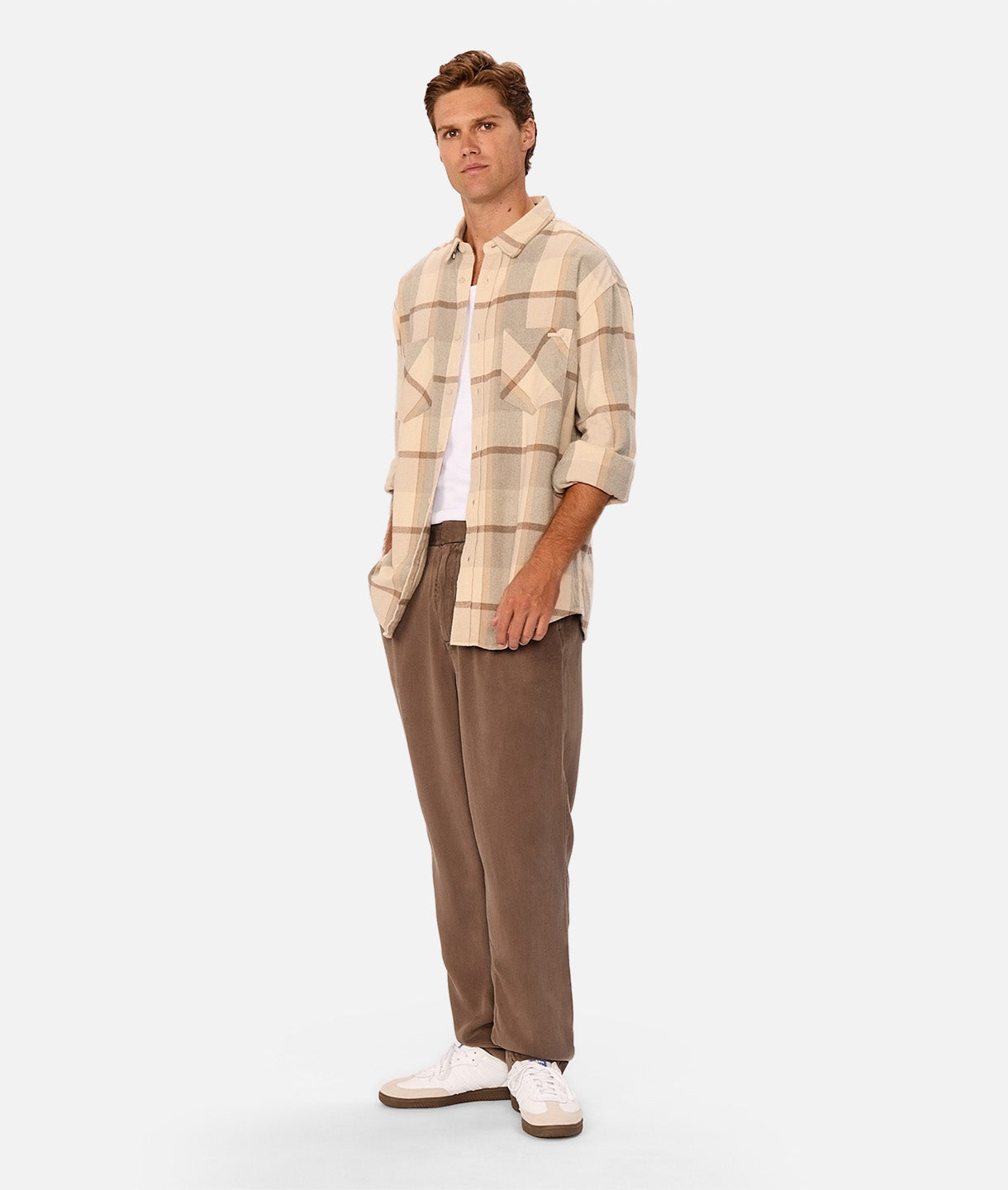 Ridgeside Long Sleeve Shirt for Men - Beige Charcoal Plaid Flannel - Casual & Outdoor Wear for Fall & Winter