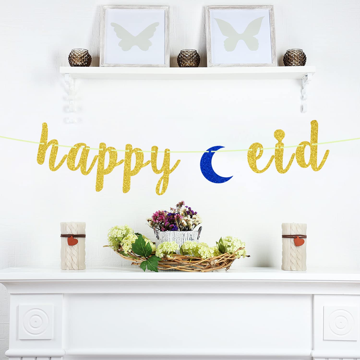 Eid Mubarak Banner - Gold Glitter Islamic Decoration for Eid al-Fitr & Eid al-Adha | Party Supplies, Home Decor, Mosque Celebration - Gold & Blue Design