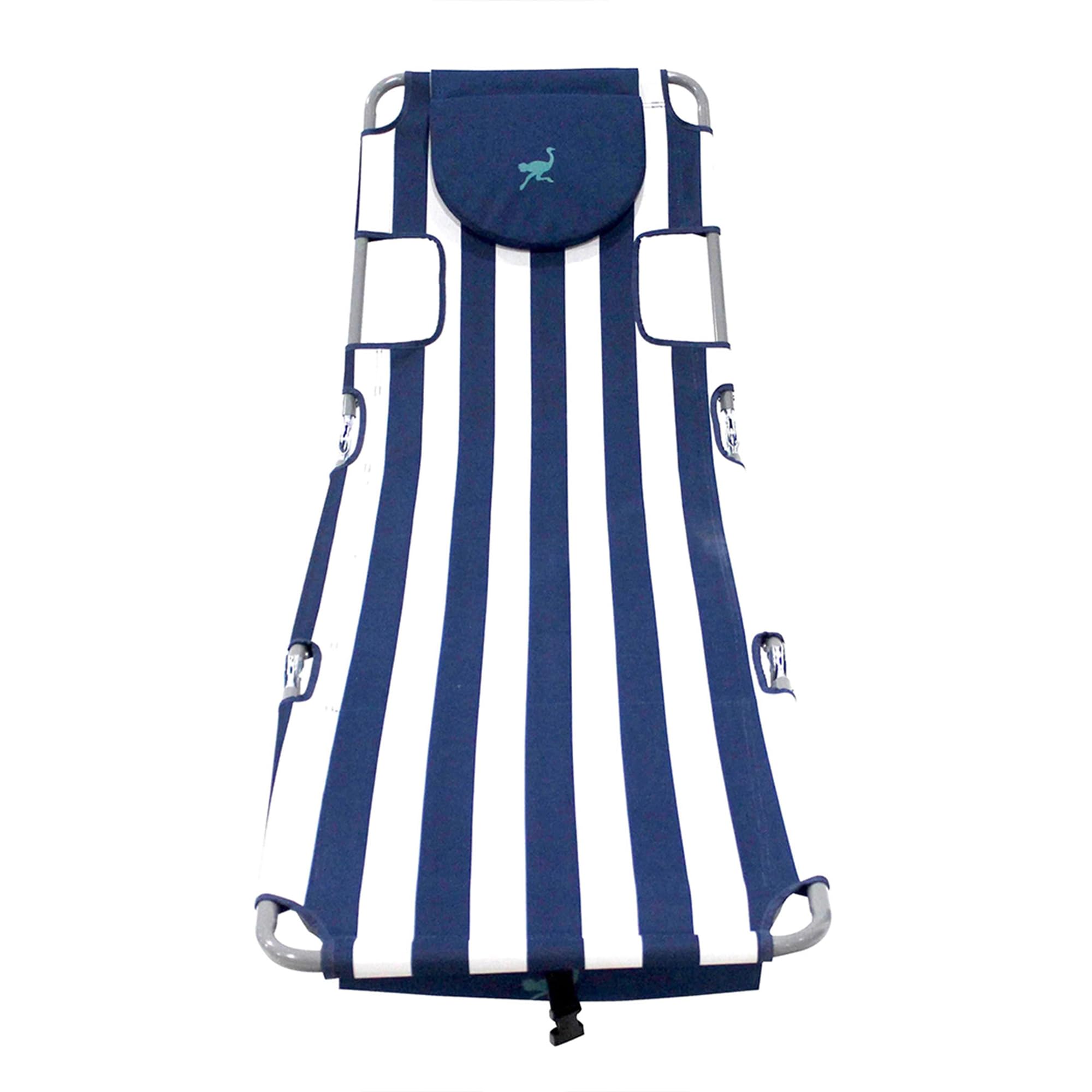 Adjustable Ostrich Backpack Folding Lounge Chair - 4 Position Recliner with Carrying Straps, Side Pocket & Storage Bag - Navy Stripe (2 Pack) - Perfect for Camping, Beach, Picnics & Outdoor Relaxation