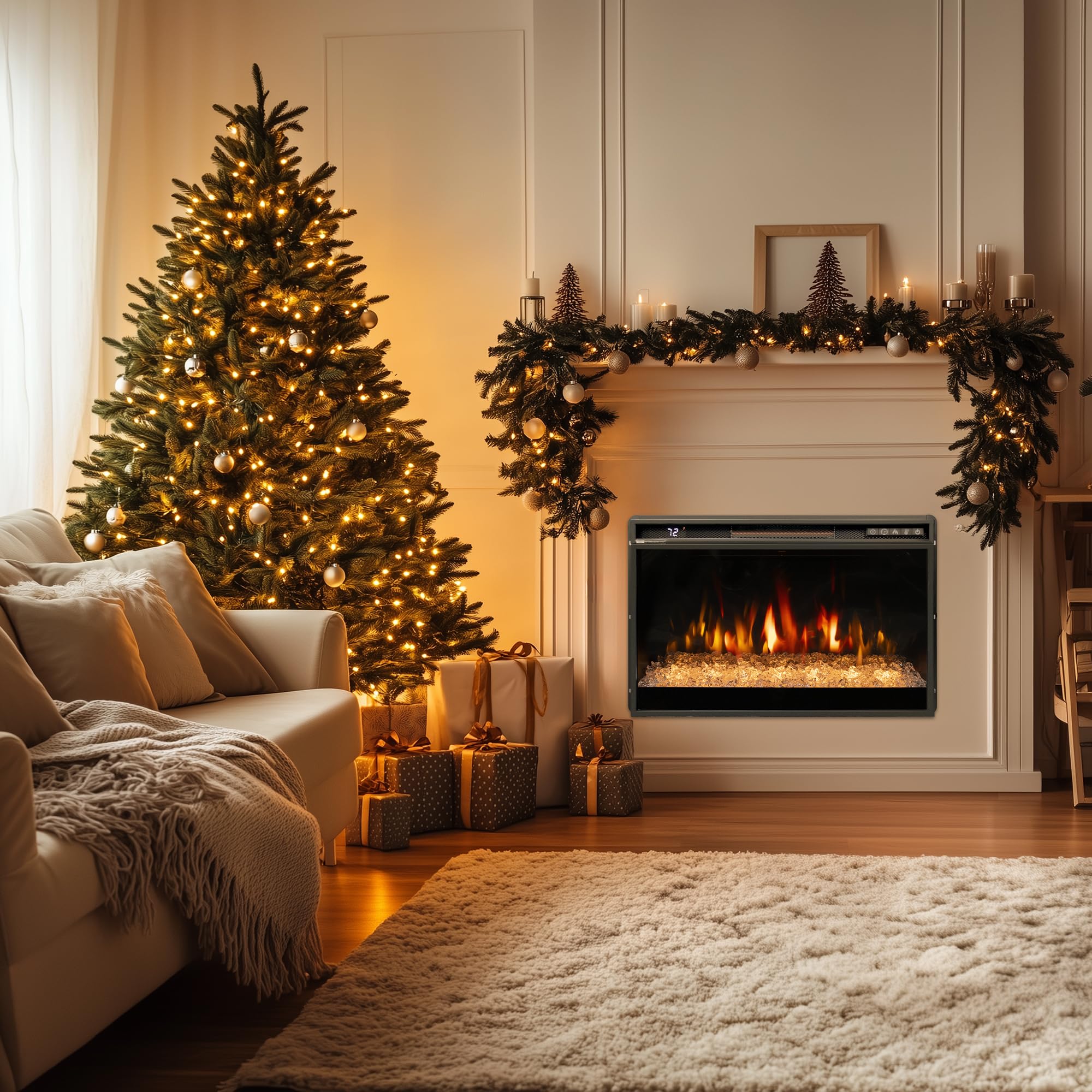 26 Inches Electric Fireplace Insert - 1500W Recessed Wall Mounted Fireplace with Remote Control, Crystal Ember Bed, Overheating Protection & Timer - Perfect for Living Room, Bedroom or Office (Black)