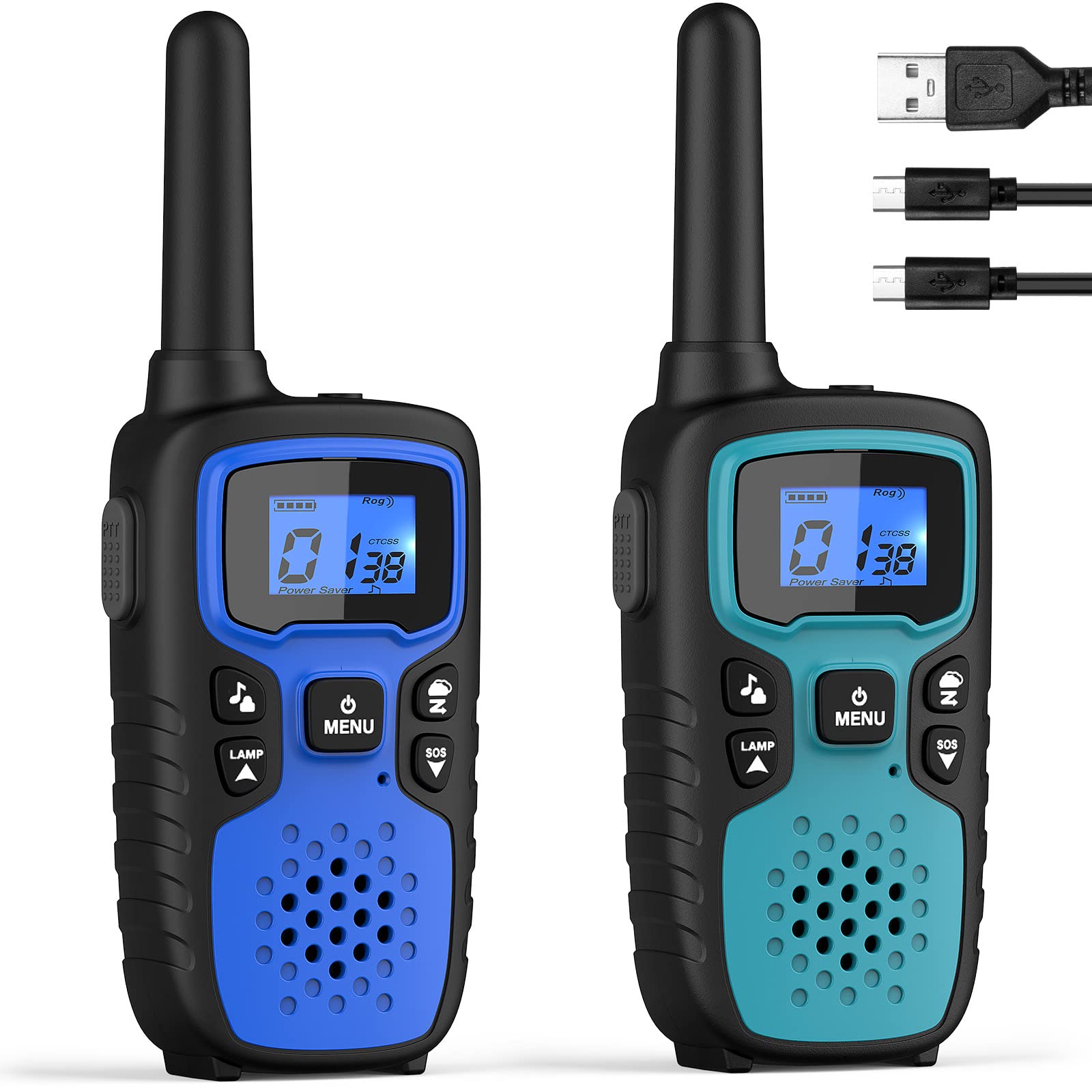 Long Range Walkie Talkies for Adults & Kids - Rechargeable 2 Way Radios with NOAA Weather Alert, SOS Siren, LED Lamp & VOX - Perfect for Hiking, Camping, Outdoor Adventures & Emergency Communication (2 Pack, Blue Green)
