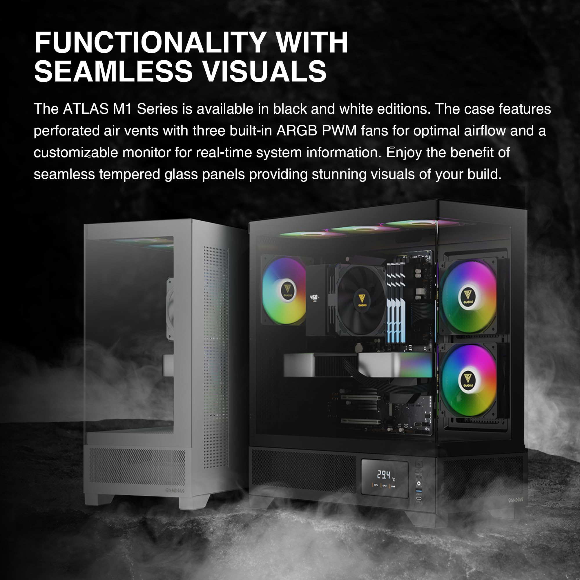 GAMDIAS Mid Tower ATX Gaming PC Case with Tempered Glass, Built-in 3x120mm ARGB PWM Fans, Supports RTX 4000 GPU & 360mm AIO - Perfect for High-Performance Gaming & Streaming Setups