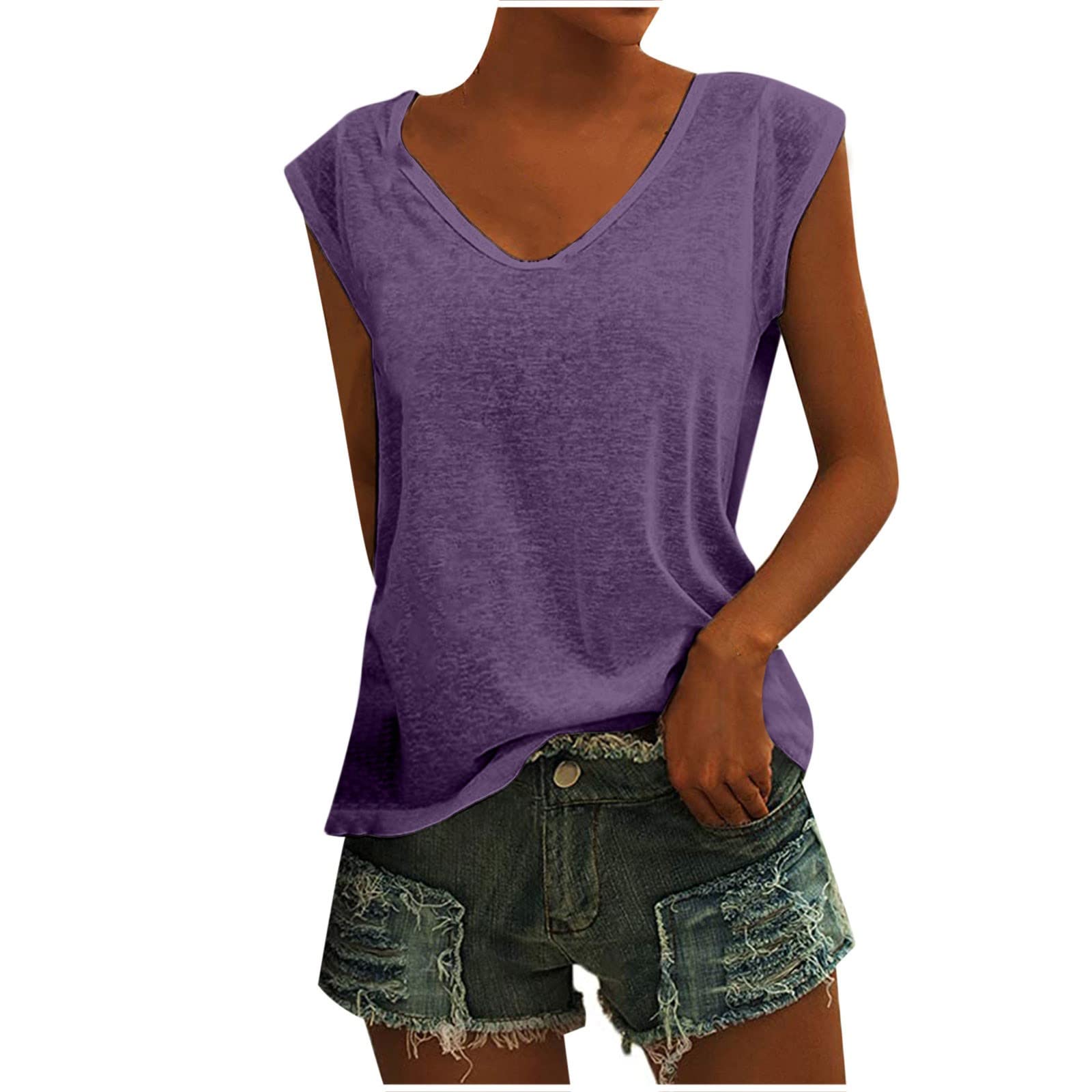 TUNUSKAT Women's Cap Sleeve V-Neck Tank Top - Soft Loose Casual Sleeveless Tee for Summer | Perfect for Beach, Yoga, and Everyday Wear