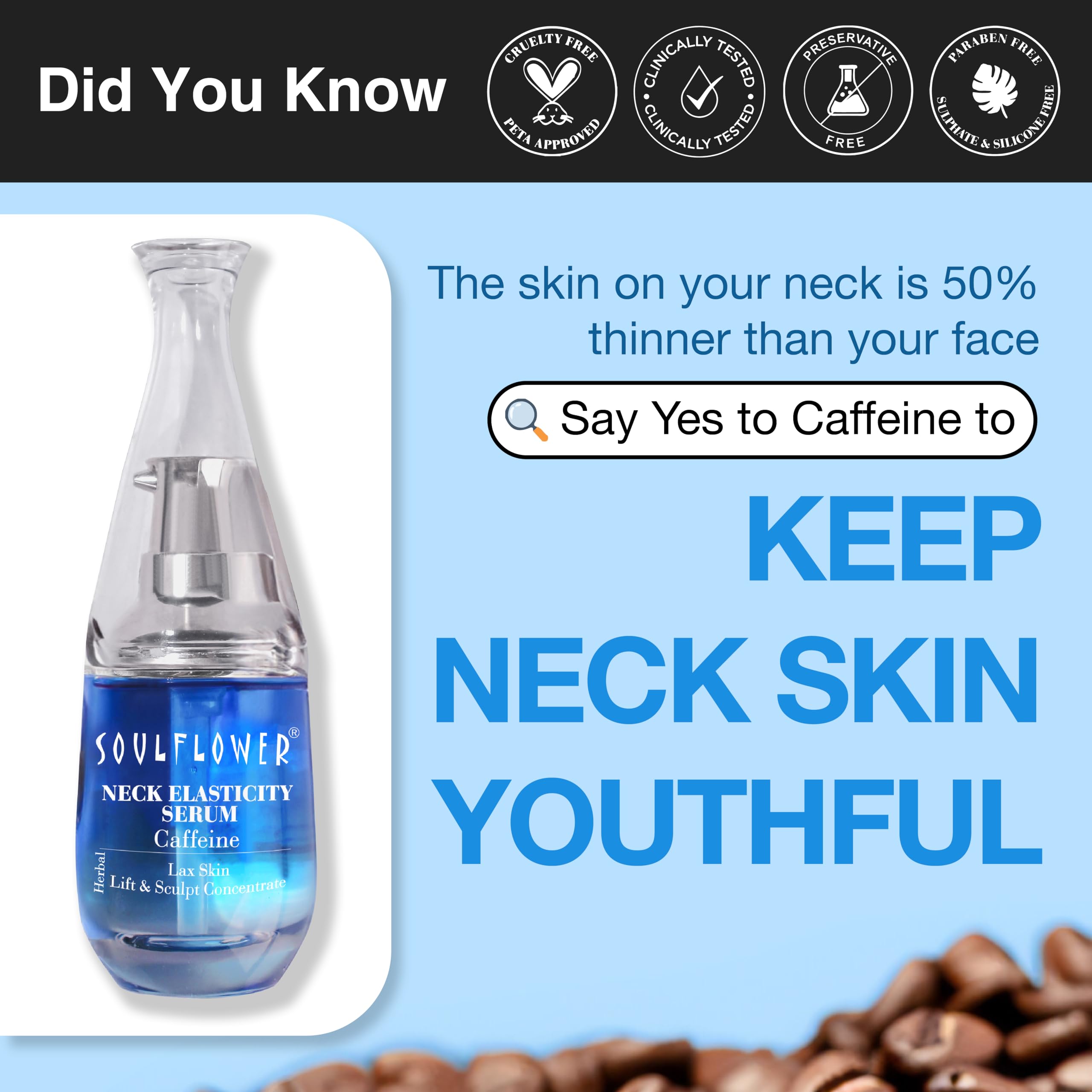 Soulflower Coffee 5% Neck Firming Serum - Anti-Aging Collagen Booster for Face & Neck | Skin Tightening & Volume Restoration | 40ml for Men & Women | Perfect for Daily Skincare Routine & Nighttime Rejuvenation