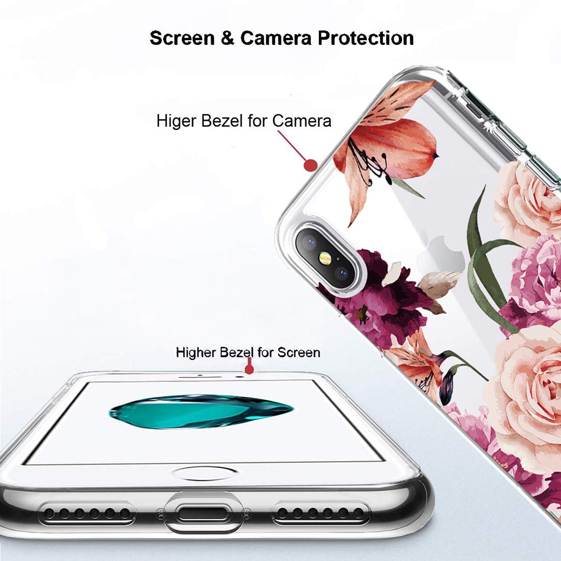 Slim Shockproof Clear Soft Flexible TPU Floral Phone Case for iPhone Xs (2018) / iPhone X (2017) 5.8