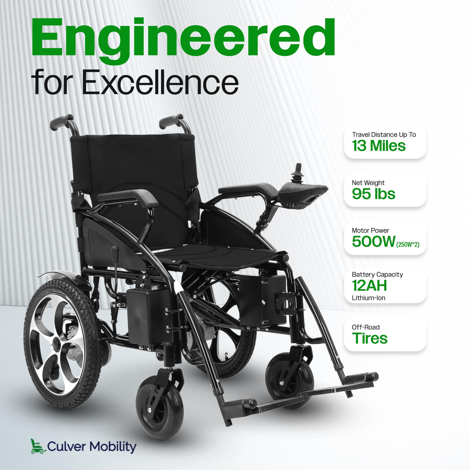 Culver Artemis Heavy Duty All-Terrain Electric Wheelchair for Adults & Seniors - 2xMotor Foldable Power Wheelchair (Black) - Ideal for Outdoor Adventures, Travel & Daily Mobility