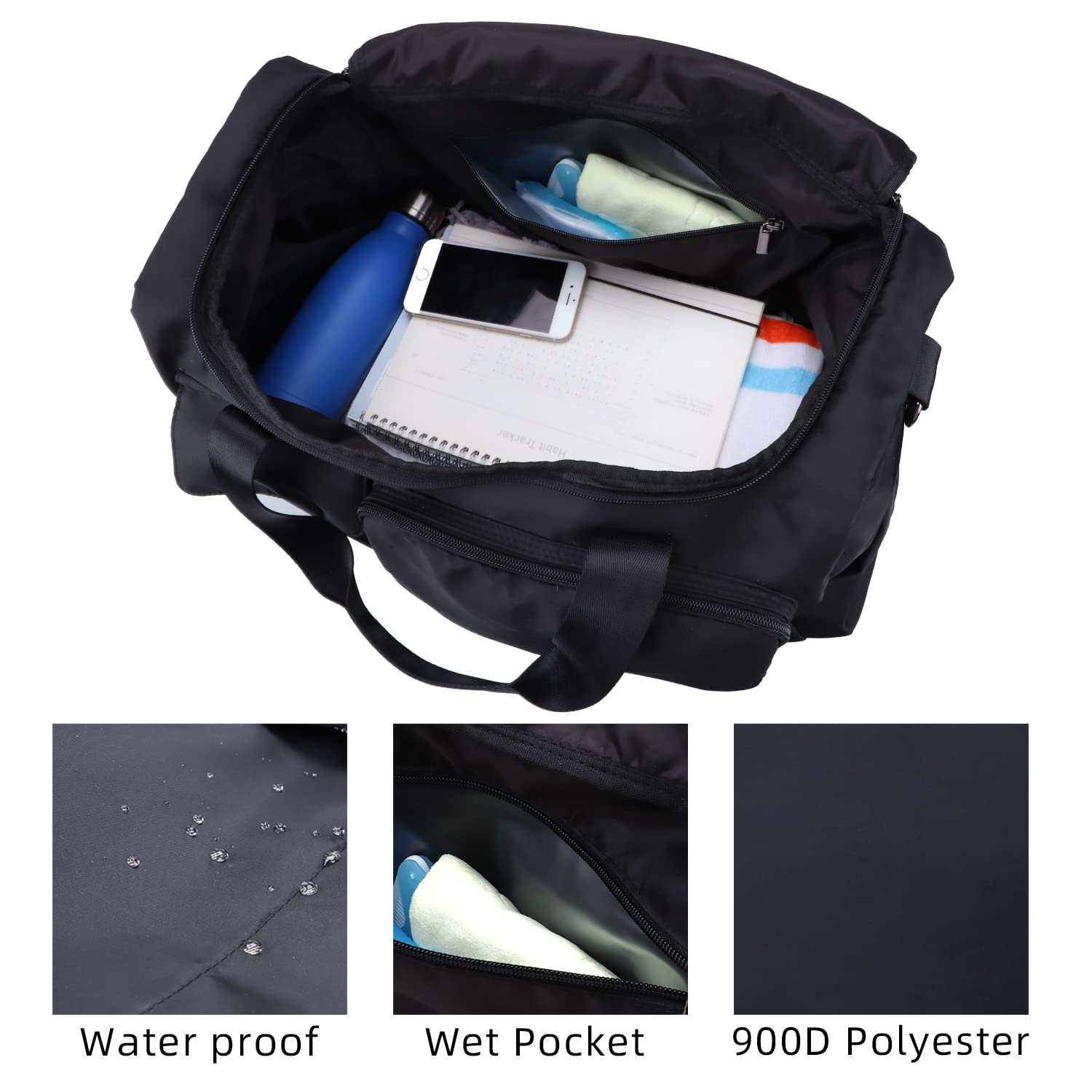 RAMHORN Waterproof Travel Duffel Bag - Gym & Sports Luggage with Wet Pocket & Shoe Compartment - Ideal for Weekend Trips, Workouts & Outdoor Adventures (Black)