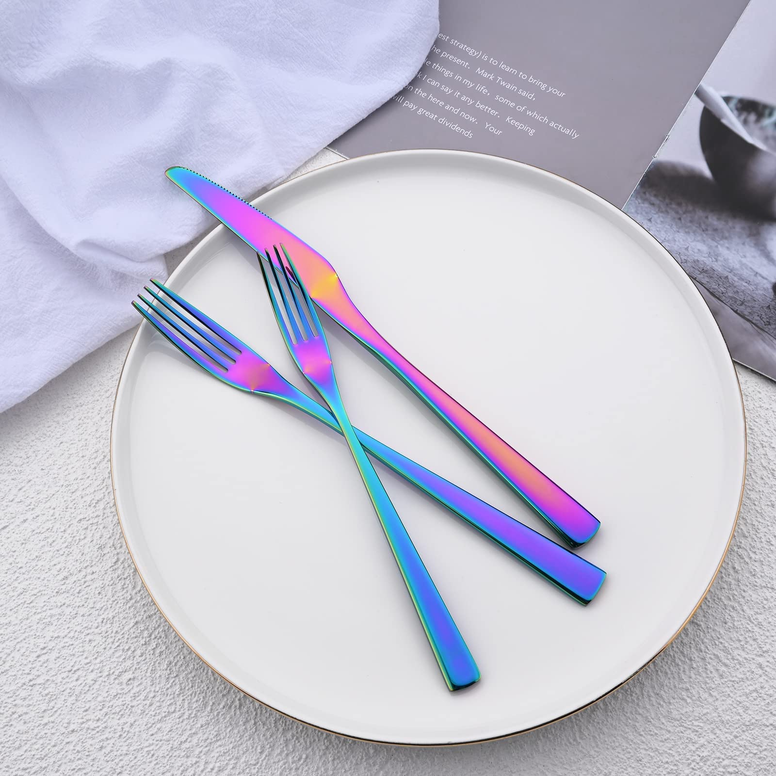 36-Piece Stainless Steel Flatware Set with Steak Knives - Rainbow Silverware Cutlery for 6 People - Mirror Polished, Dishwasher Safe - Perfect for Home, Hotel, Restaurant & Dinner Parties (Multicolor)