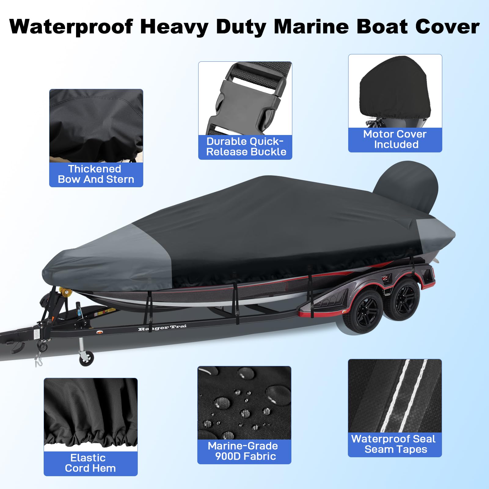 **17-19ft Heavy Duty 1200D Waterproof Marine Canvas Boat Cover for Bass Tracker & V Hull Runabout Boats - Includes Sand Bag Mooring Kit (Black) - Perfect for Outdoor Storage & Mooring Protection**