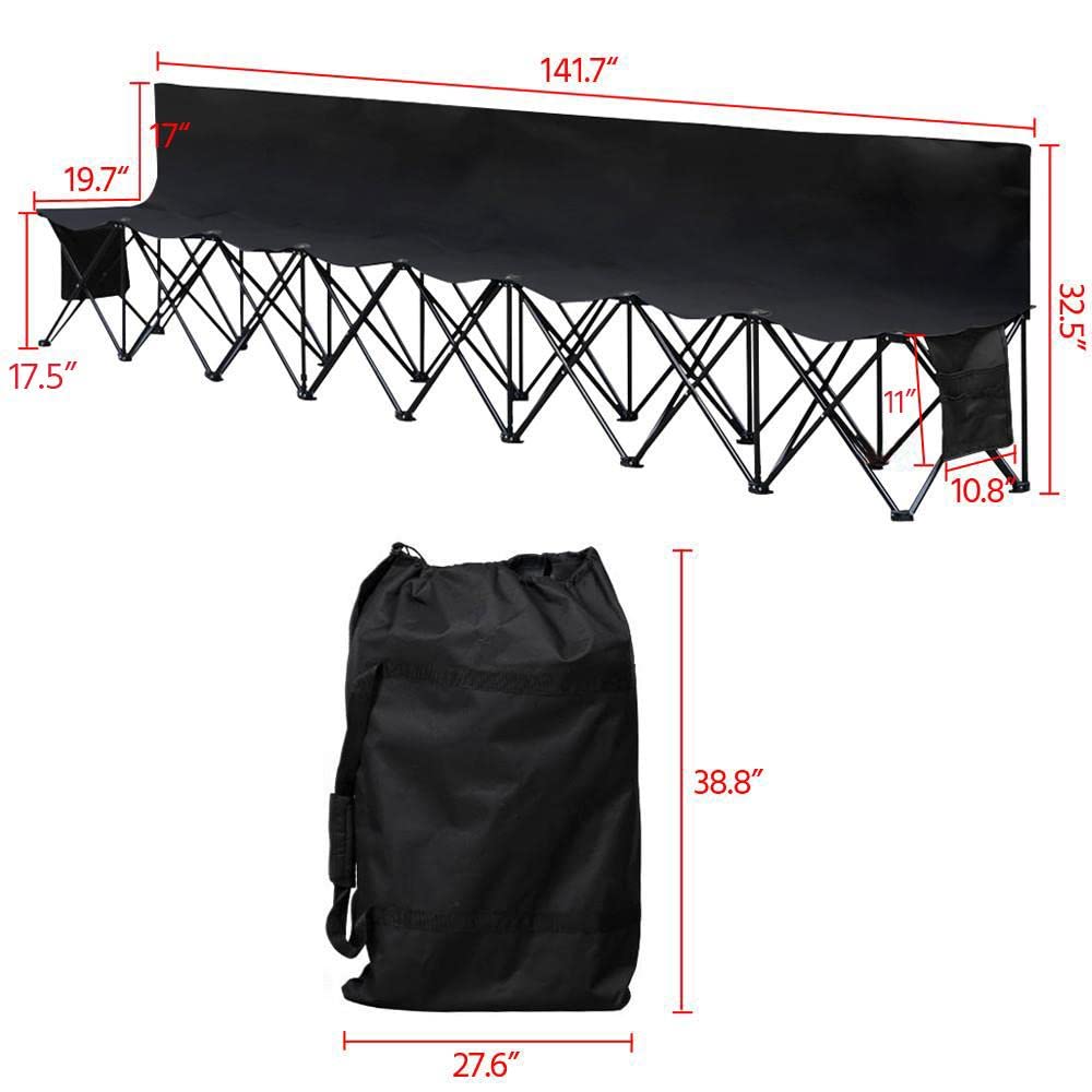 Yaheetech 8-Seat Folding Sports Bench - Portable Outdoor Sideline Soccer Bench with Waterproof Cover & Side Storage Bag - Black - Perfect for Team Games, Picnics, and Outdoor Events