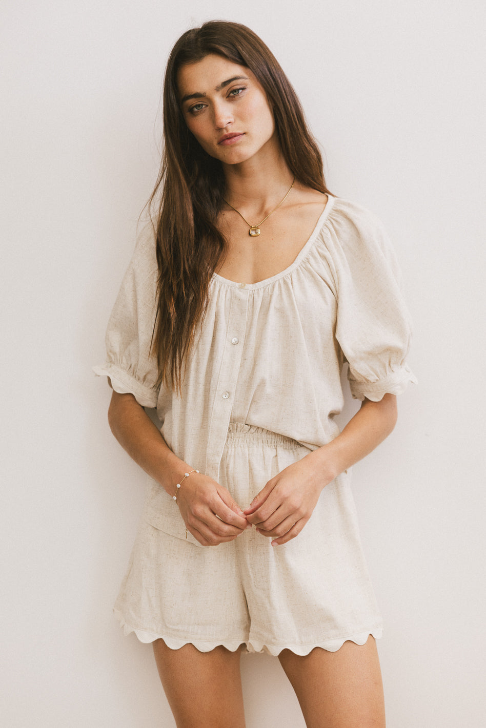 Owen Scalloped Women's Blouse in Soft Oatmeal Color - Perfect for Office Wear, Date Nights & Casual Outings