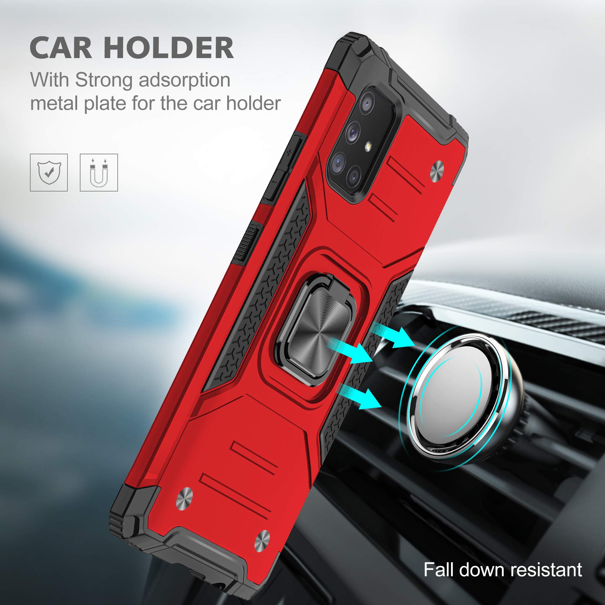 Samsung Galaxy A71 5G Case (Not for A71) with Tempered Glass Screen Protector - Military Grade Shockproof Phone Cover with Magnetic Ring Kickstand & Car Mount - Perfect for Work, Travel & Outdoor Activities (Red)