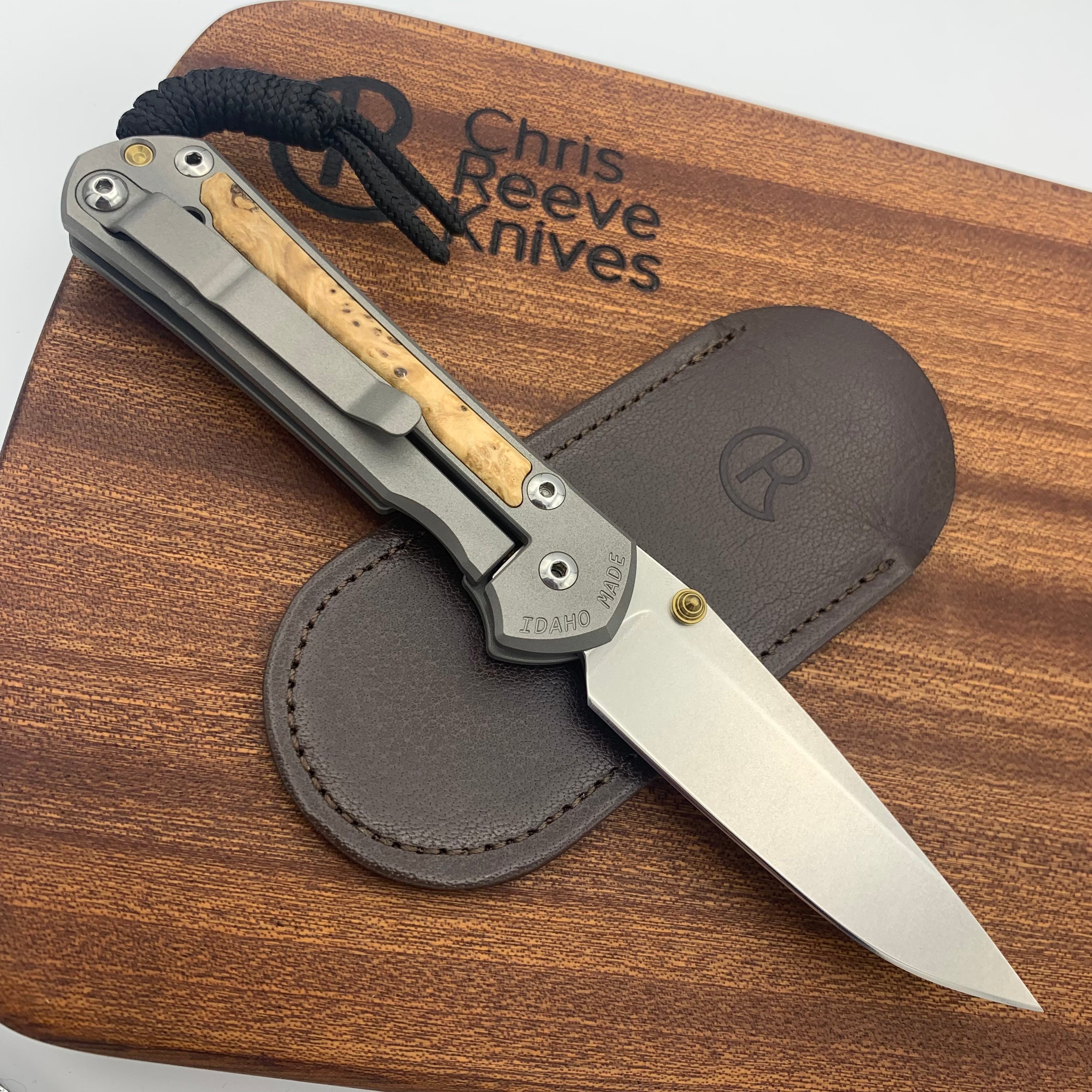 Chris Reeve Knives Small Sebenza 31 Drop Point Folding Knife - Box Elder Wood Inlay, Double Gold Lugs & Matte Handles - Perfect for EDC, Camping, Hunting and Outdoor Adventures