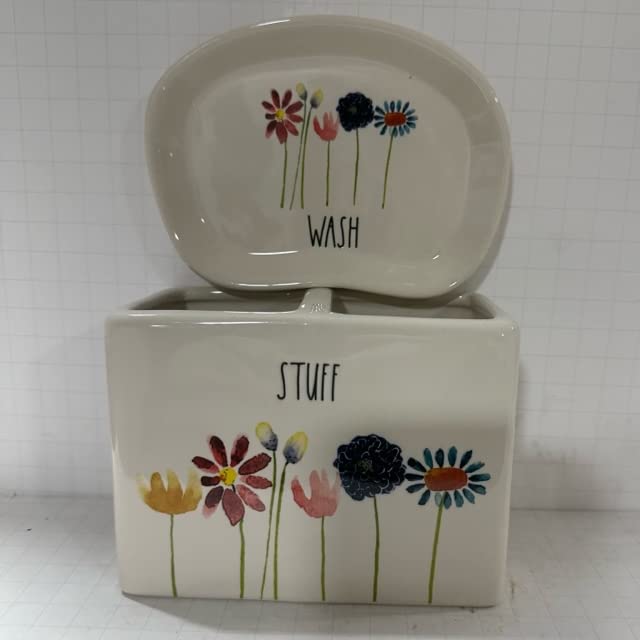 Rae Dunn STUFF + WASH Ceramic Set of 2 - Floral Spring Flowers Design - Kitchen & Bathroom Decor for Home, Gift, and Storage Use