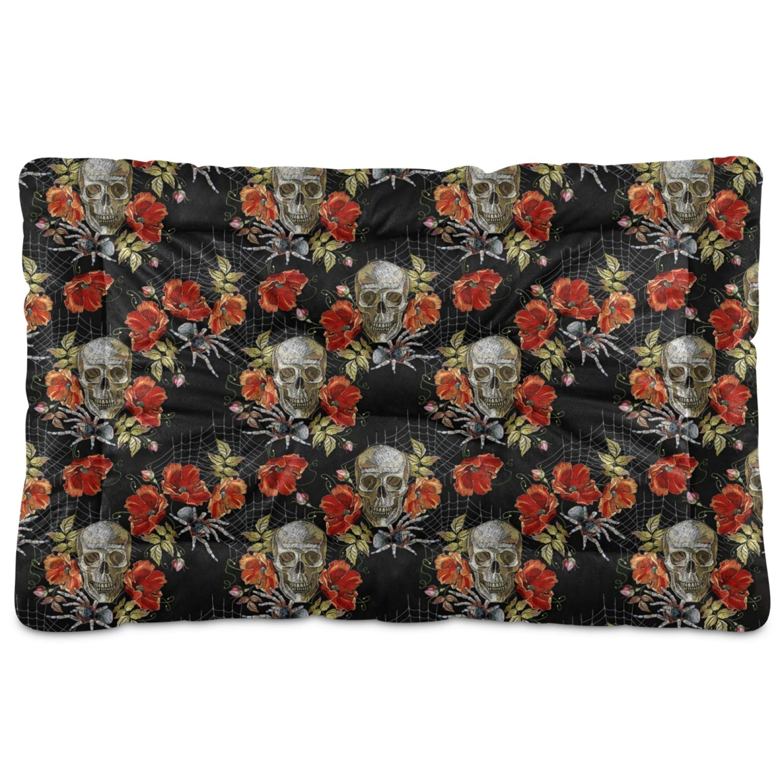 Gothic Skull Flower Dog Bed Mat - Washable Pet Crate Mattress for Large, Medium & Small Dogs (24x18 Inches) - Perfect for Puppy Crates, Kennels & Home Decor
