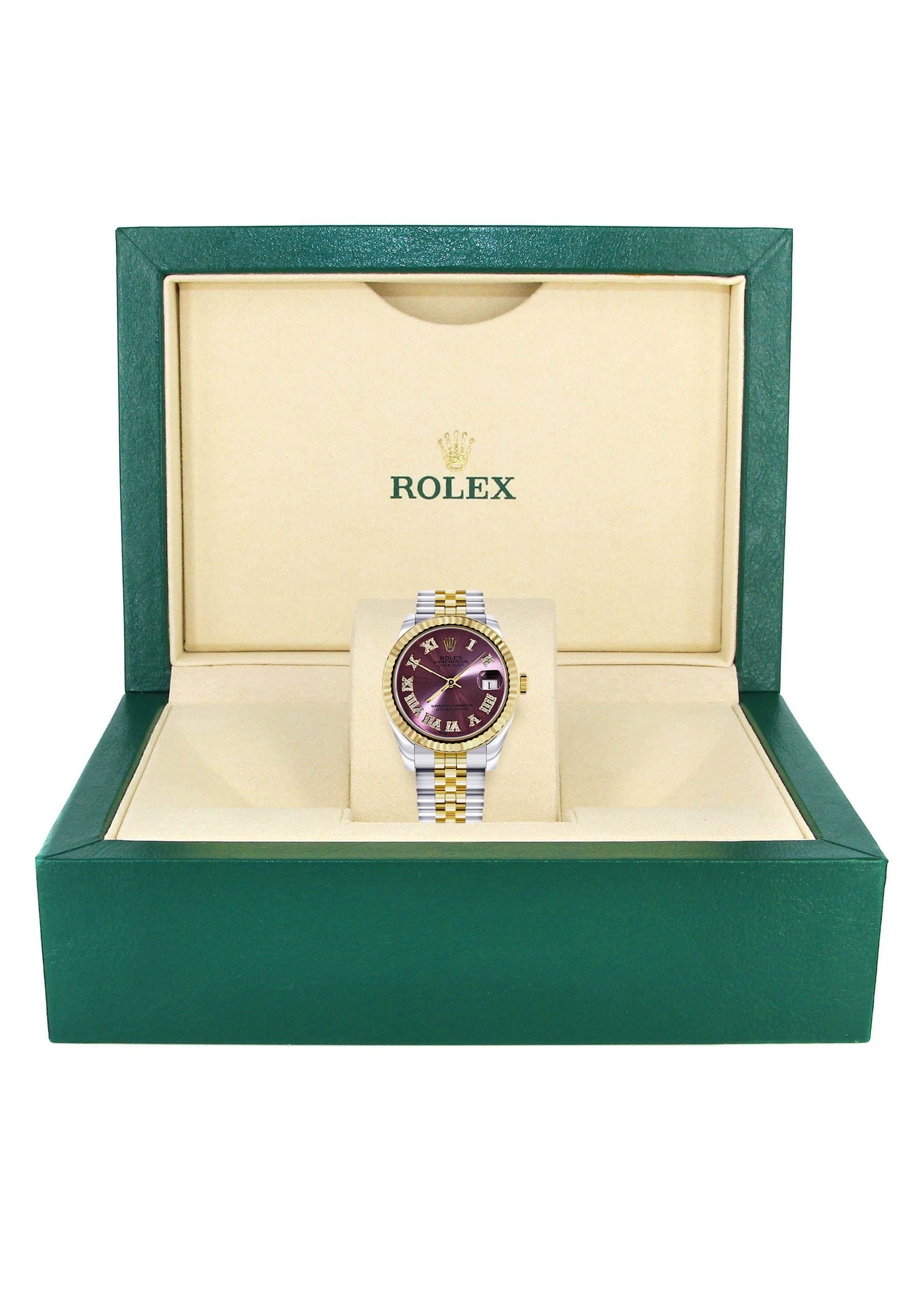 Luxury Diamond Gold Rolex Watch for Women - 31MM Fluted Bezel with Purple Roman Numeral Diamond Dial & Jubilee Bracelet - Perfect for Special Occasions, Gifts & Luxury Fashion Accessories