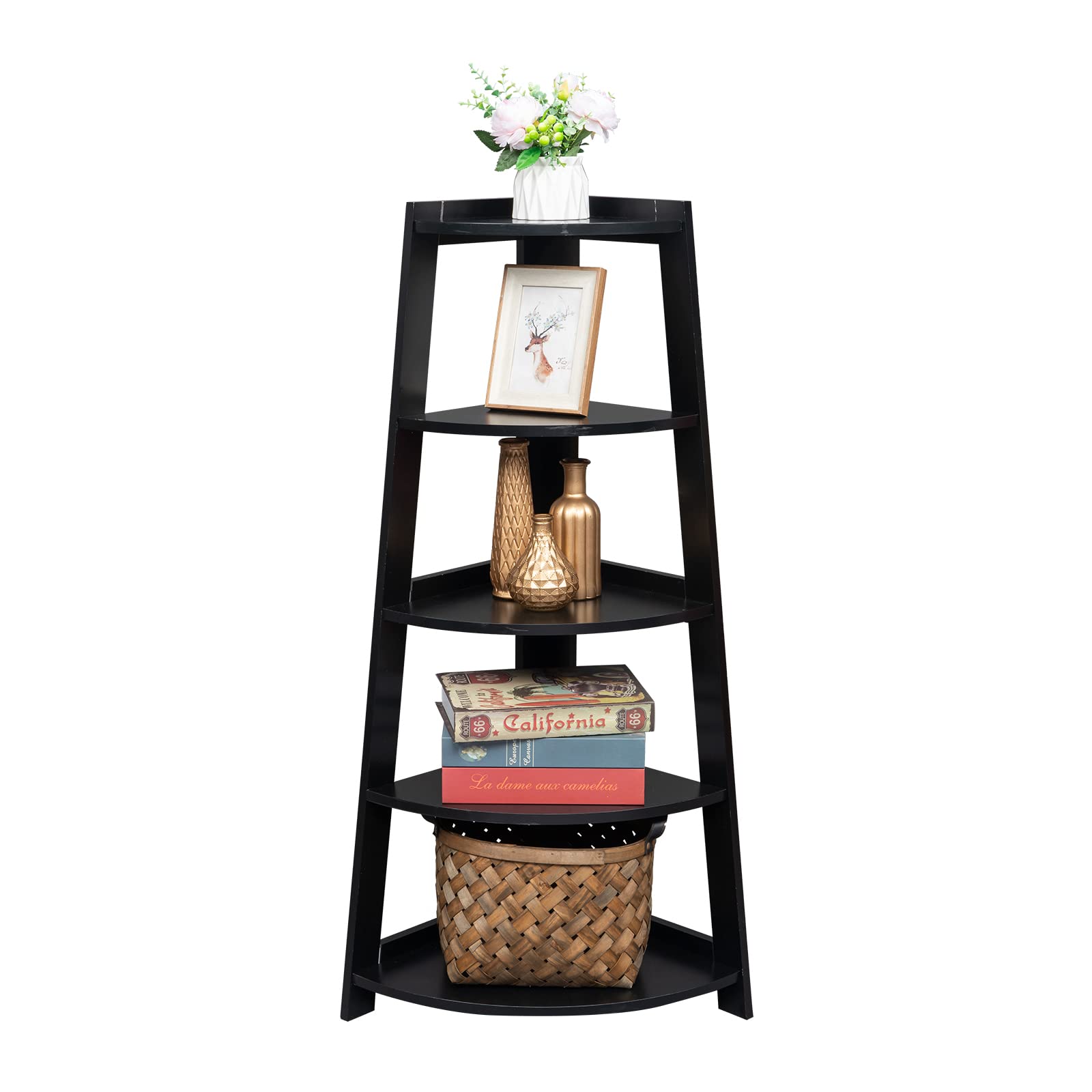 5 Tier Corner Ladder Shelf - Industrial Style Space-Saving Bookshelf & Plant Stand for Living Room, Home Office, Balcony Decor - Sturdy Black Metal Storage Shelf for Books, Plants & Display Items (Perfect for Small Spaces & Corner Decor)
