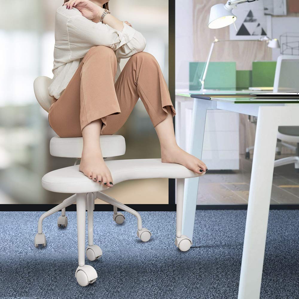 Adjustable Meditation Chair with Wheels & Lumbar Support - Cross-Legged Office Chair for ADHD & Fidgety Sitters - Ergonomic Criss-Cross Desk Stool for Home & Office - Flexible Seating for Yoga, Meditation & Work - Ivory