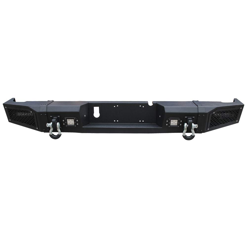 Black Textured Rear Bumper with 4 LED Lights & 2 D-Rings for 2010-2018 Dodge RAM 2500/3500 Trucks - Heavy Duty Protection & Off-Road Towing Accessory