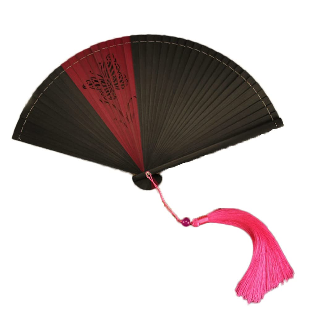 Premium 100% Bamboo Hand Fan - Foldable Wedding Fan with Elegant Tassel | Traditional Chinese & Japanese Style Decorative Fan | Perfect Gift for Friends, Bridesmaids & Wedding Guests | Great for Weddings, Tea Ceremonies, Cosplay & Summer Cooling (Black & Red)