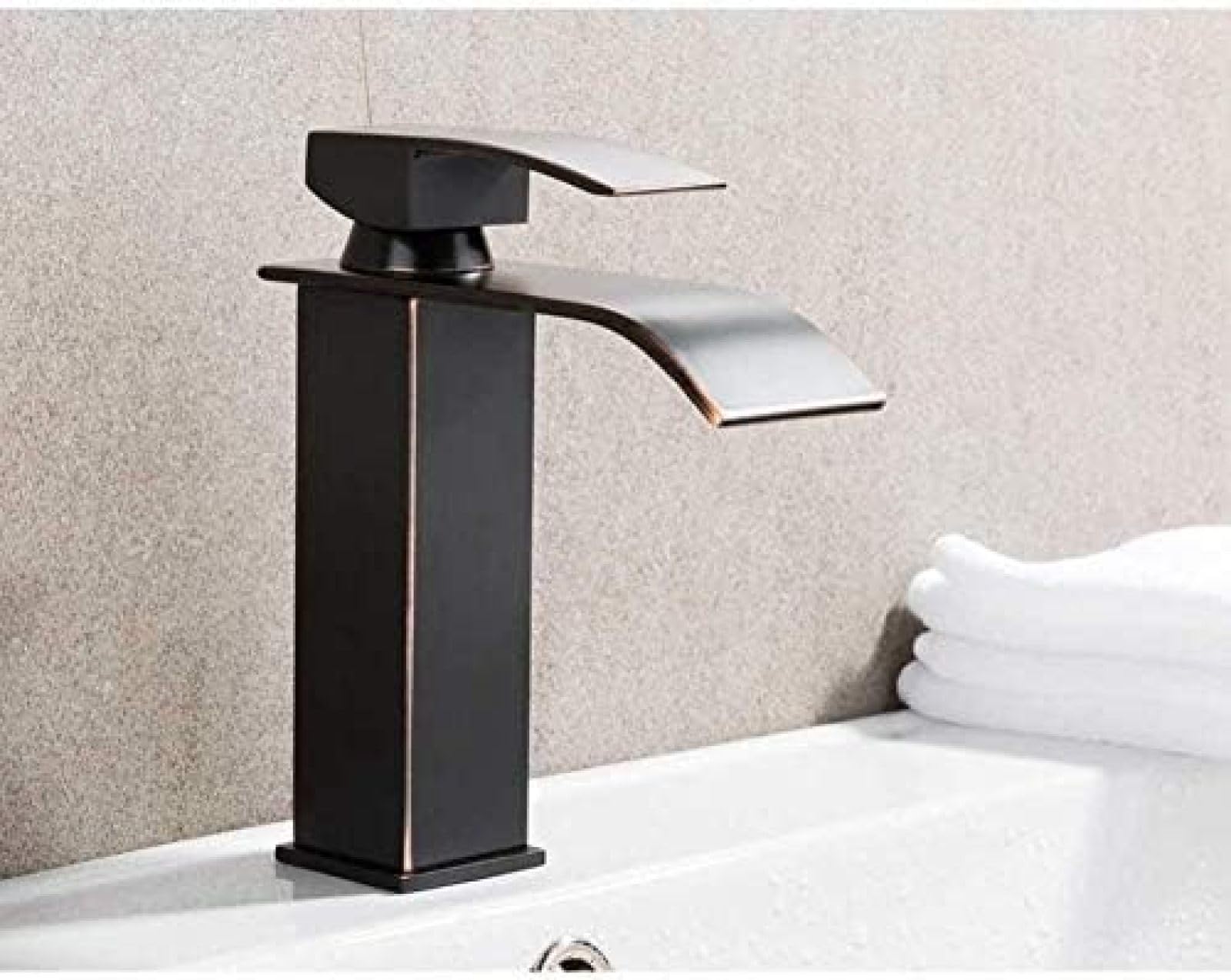 CRJUS Black Deck Mount Brass Kitchen Faucet with Waterfall Spout - Modern Basin Tap for Sink, Bathroom & Vanity - Perfect for Home, Restaurant & Commercial Use