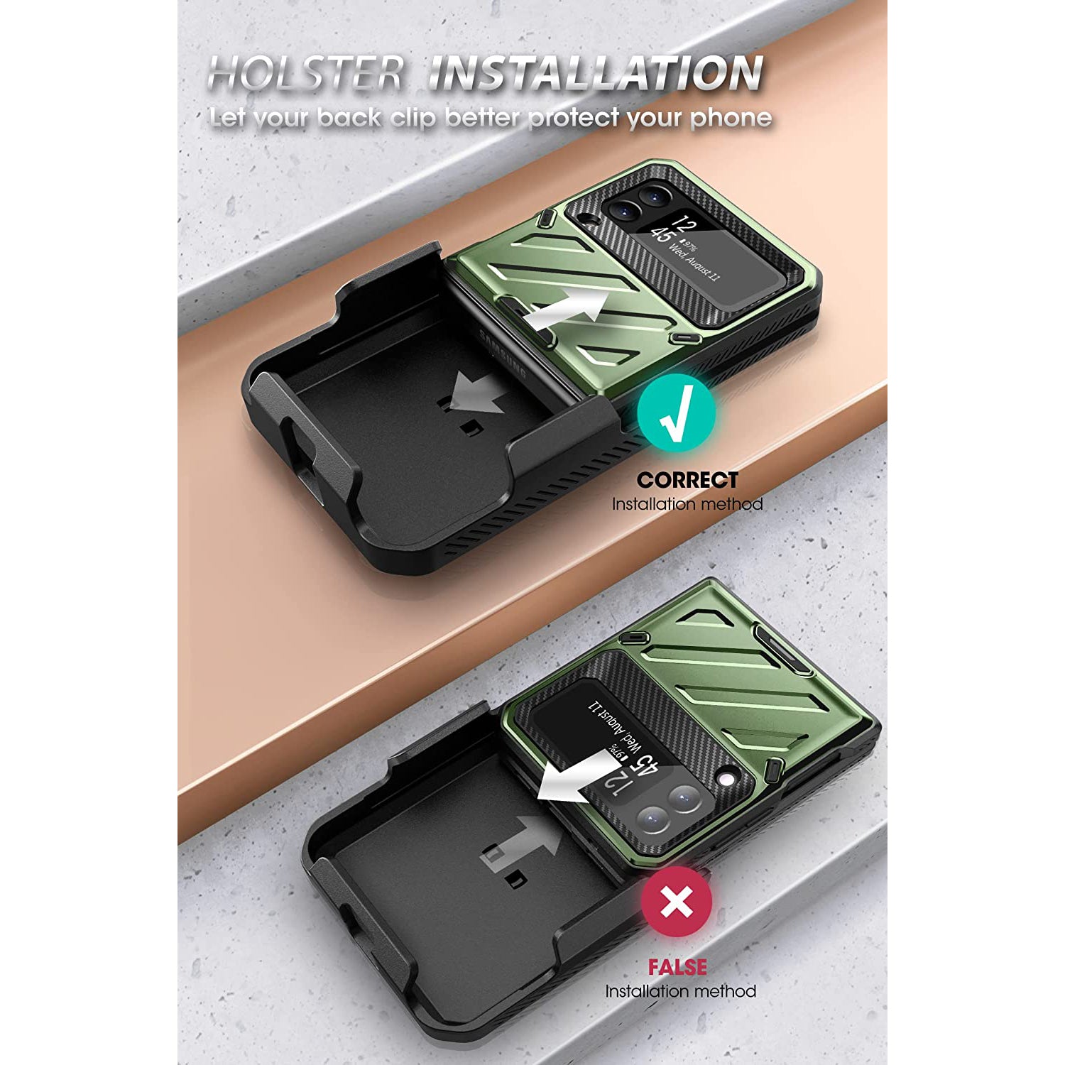 Samsung Galaxy Z Flip 3 Unicorn Beetle Pro Rugged Protective Case with Belt Clip - Dark Green | Shockproof & Durable Cover for Outdoor, Work & Everyday Use