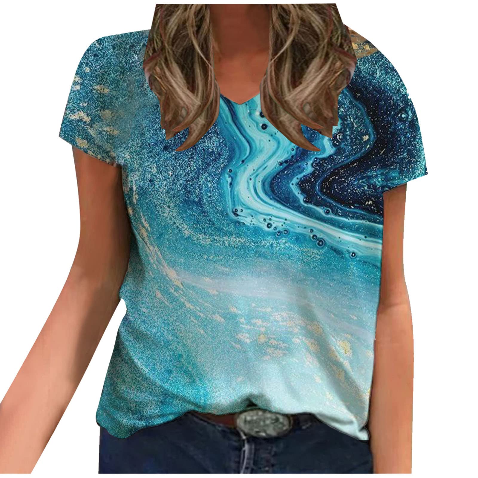 Women's Casual Short Sleeve V-Neck Loose Blouse - Flowy Printed T-Shirt for Summer | Perfect for Beach, Office & Everyday Wear