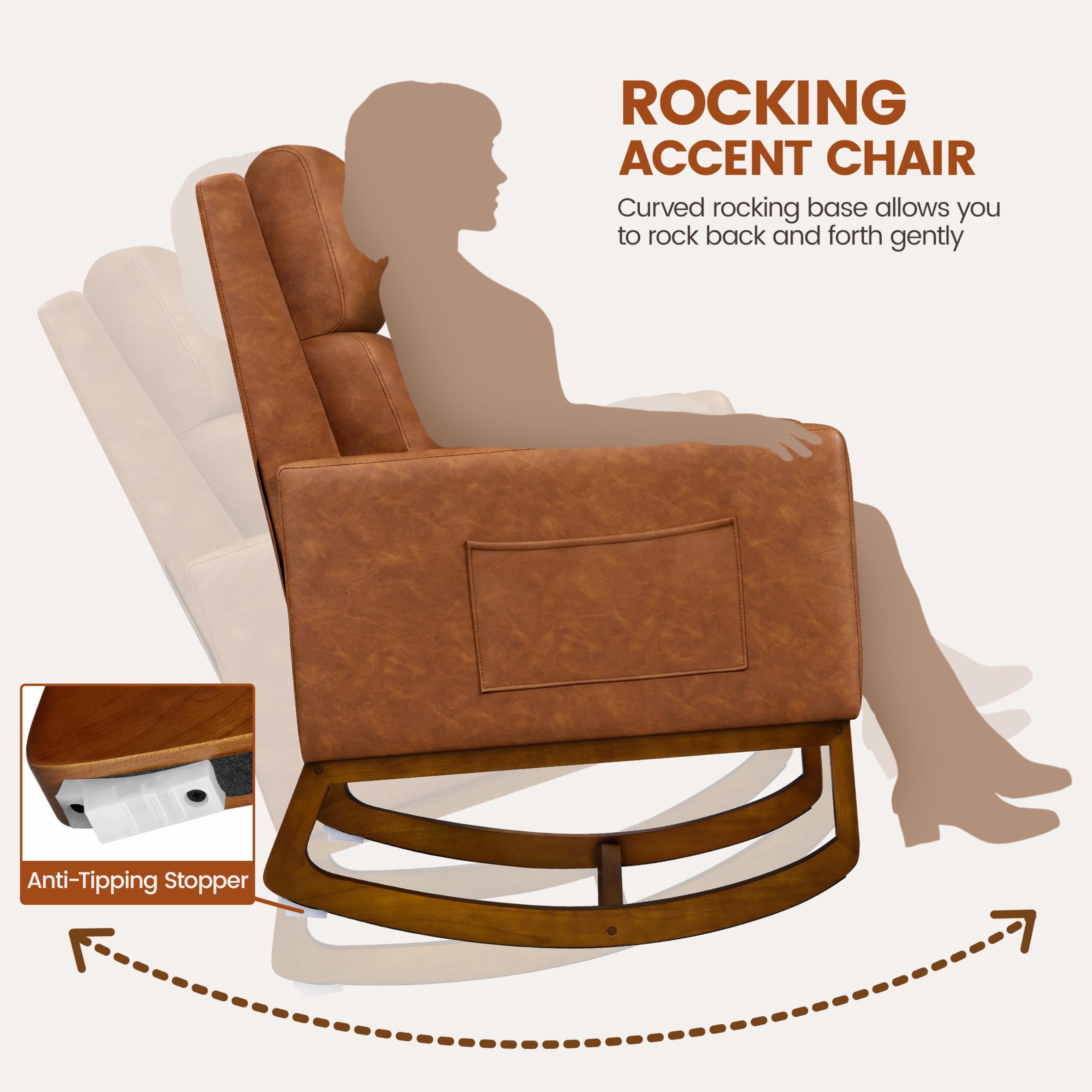 Yaheetech Modern Faux Leather Glider Rocking Chair with Rubber Wood Legs & Side Pocket - Nursery, Living Room, Bedroom Accent Armchair - Perfect for Nursing, Reading & Relaxing (Brown)