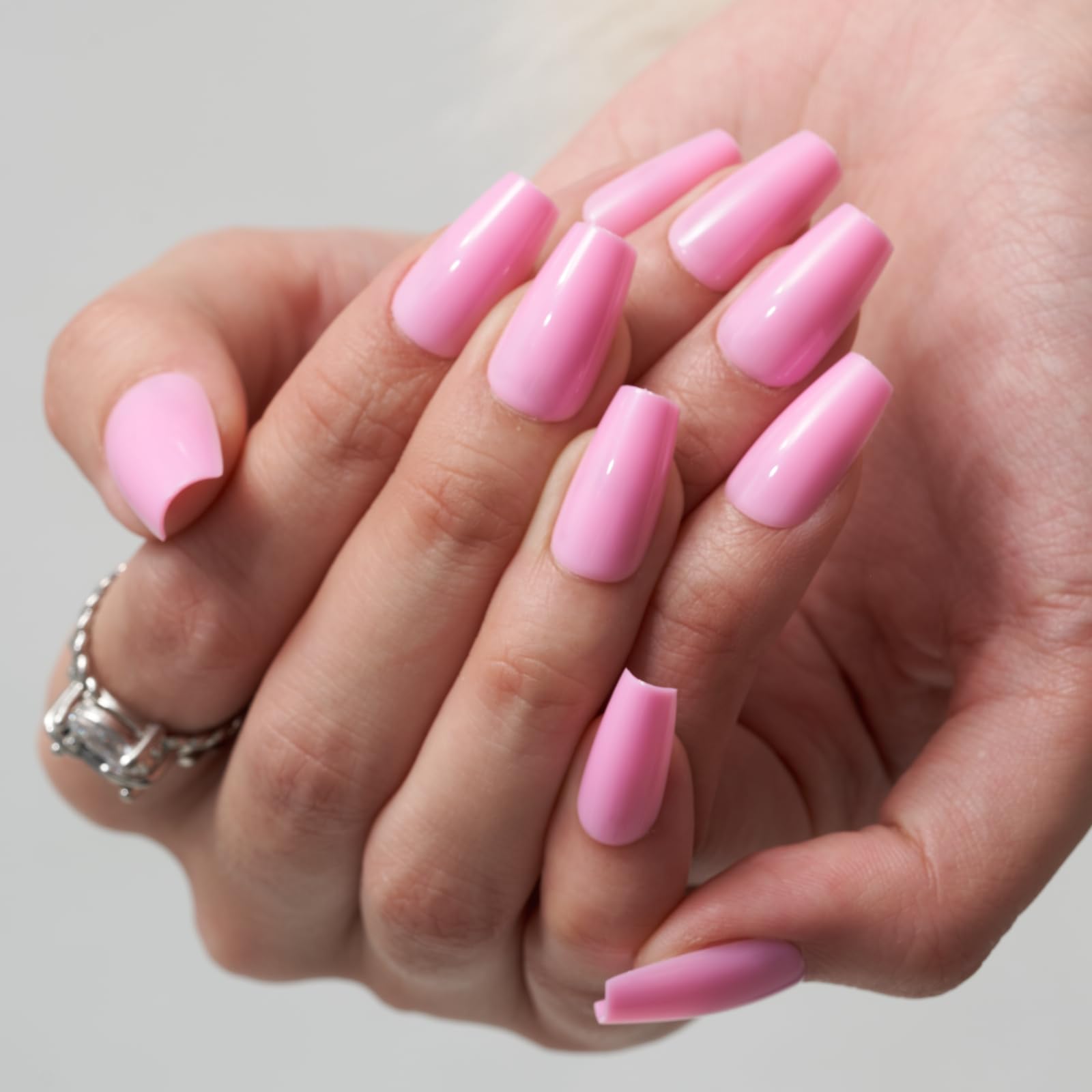GLAMERMAID Short Coffin Press on Nails - 24Pcs Light Pink Glossy Medium Square Fake Nails with UV Finish | Reusable Acrylic False Nails Manicure Kit for Women | Perfect for Spring Summer, Weddings & Special Occasions