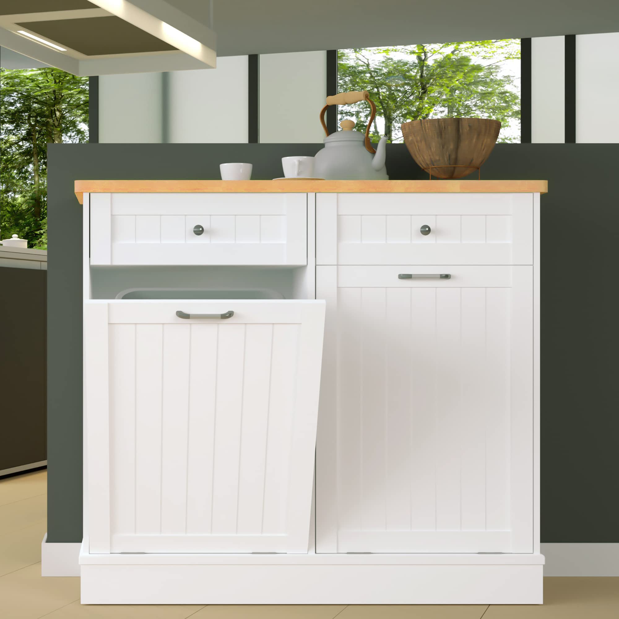 10 Gallon Wooden Tilt-Out Trash Cabinet - Free Standing Laundry Sorter & Recycling Bin with Hideaway Drawer for Kitchen, Bathroom, and Utility Room Organization