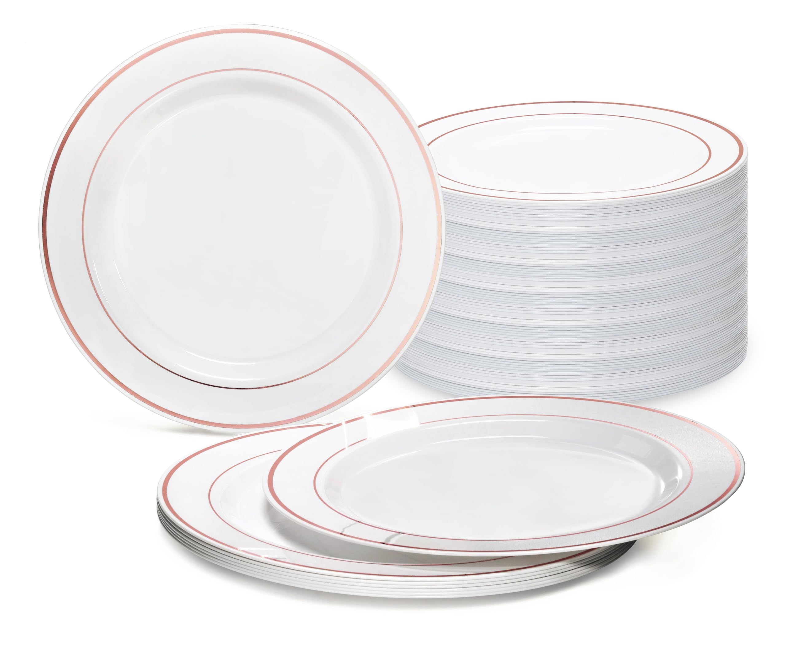 240 Pack Heavyweight Disposable Plastic Plates for Weddings & Parties - 6.25'' Cake/Bread Plates with Elegant White & Rose Gold Rim - Perfect for Birthday Celebrations, Bridal Showers, and Formal Events