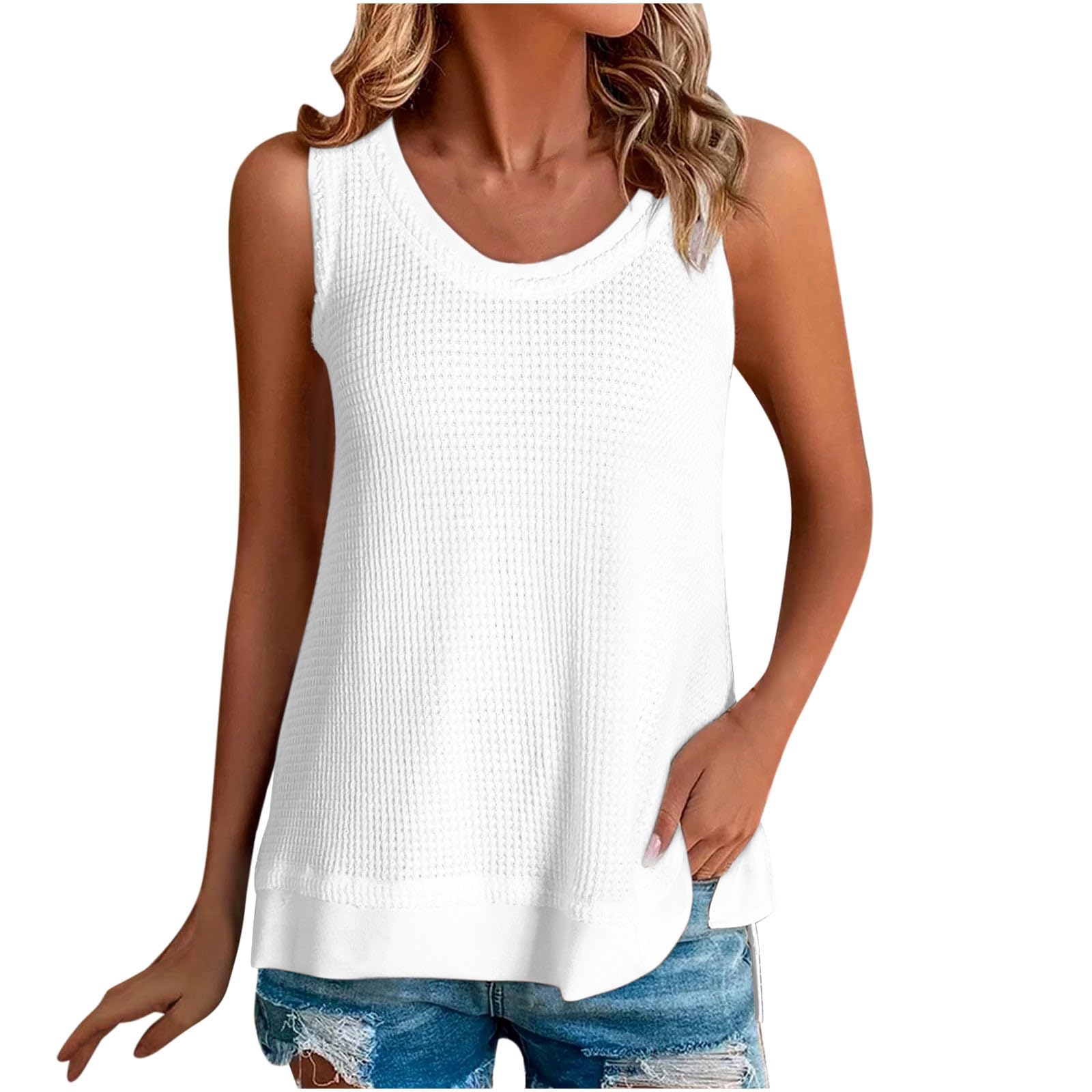 Women's Loose Fit Waffle Knit Tank Top - Scoop Neck Sleeveless Summer Tunic Top for Casual & Dressy Wear | Perfect for Beach, Vacation & Everyday Outfits 2024