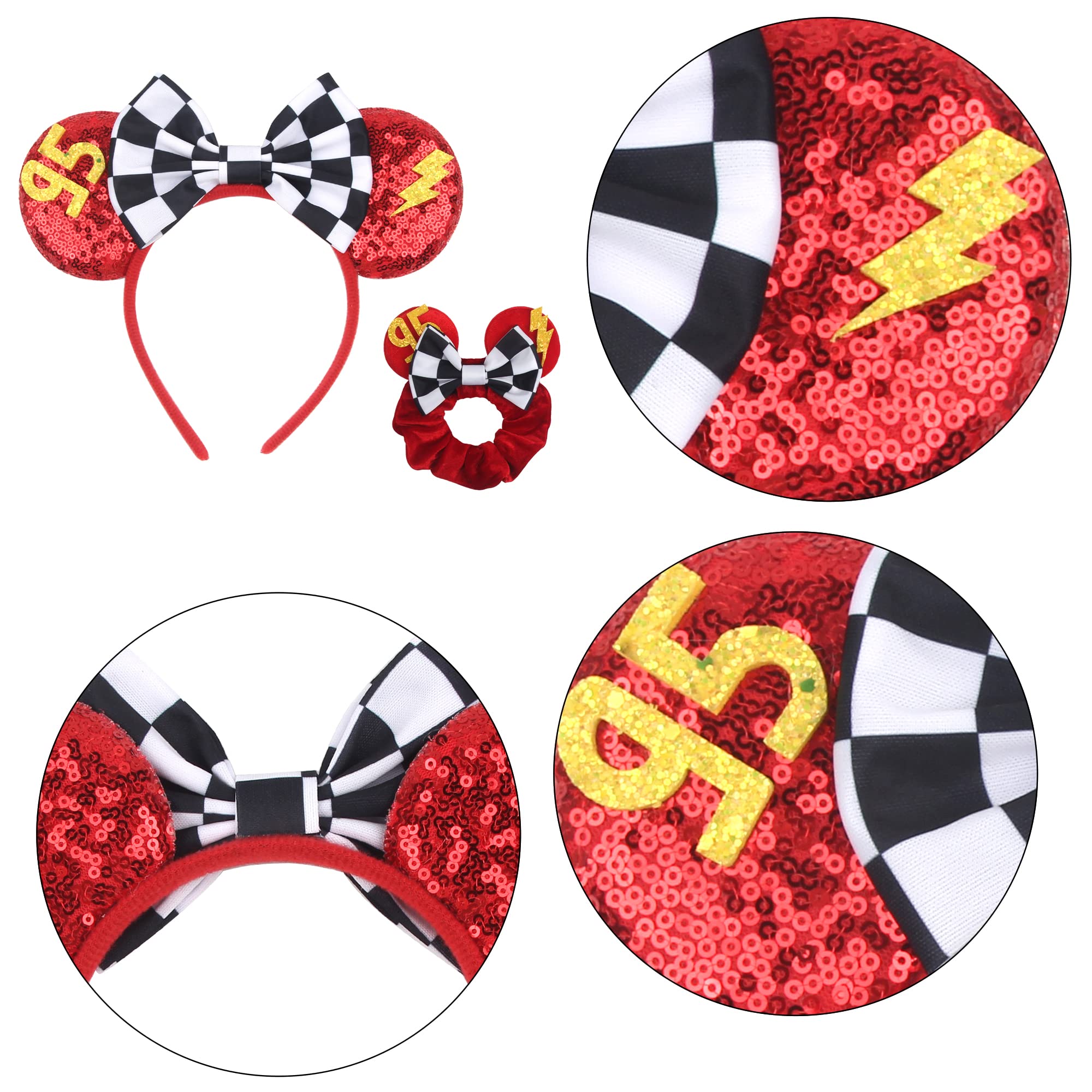 Disney-Inspired Mouse Ears Hairband with Lightning McQueen Car Ears - Sparkly Sequin Scrunchies Headband for Women | Perfect for Carnival, Birthday Parties & Disney Theme Park Visits