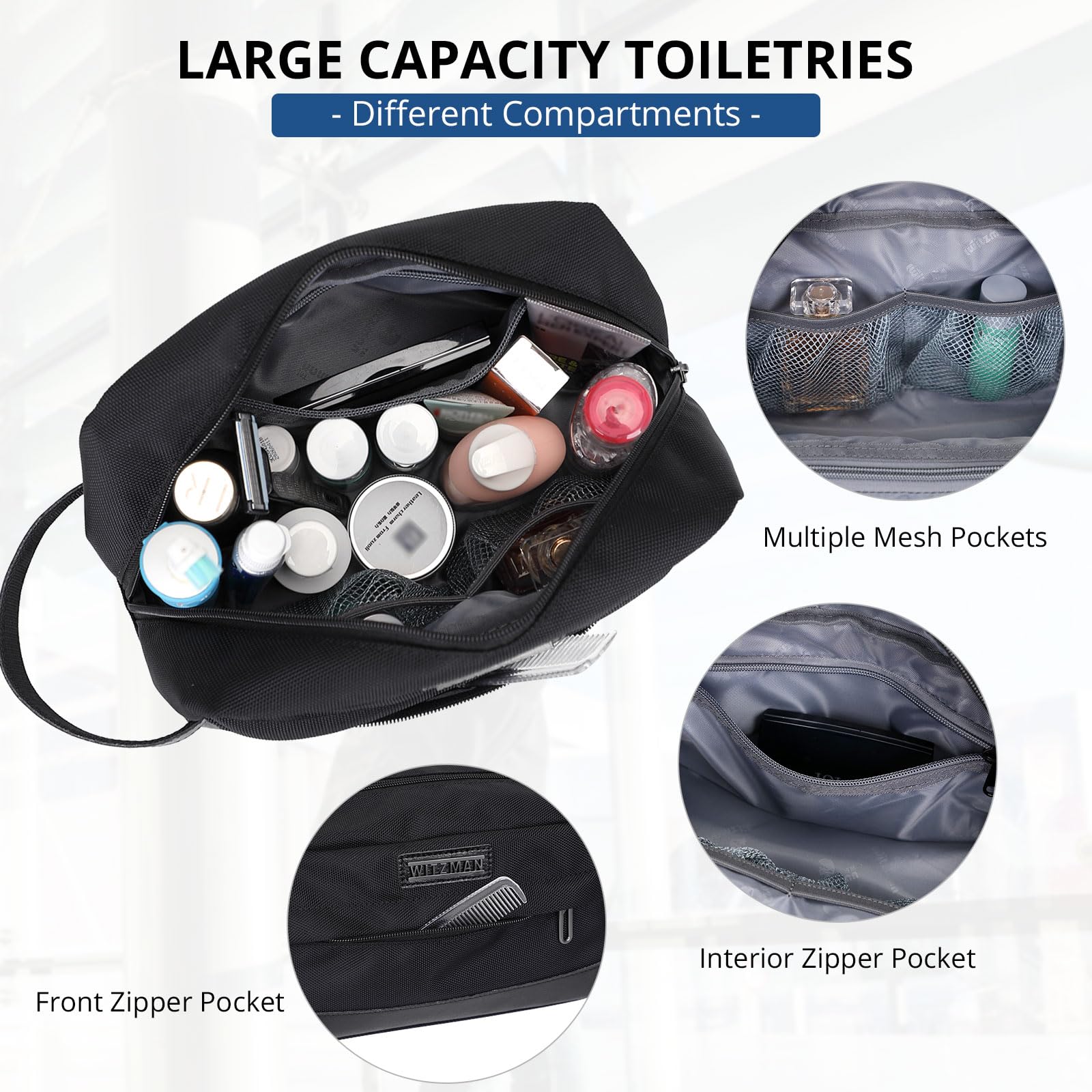 WITZMAN Water-Resistant Hanging Travel Toiletry Bag for Men & Women - Lightweight Shaving Dopp Kit & Cosmetic Organizer (B692 Black) - Perfect for Camping, Gym, Business Trips & Vacation Essentials