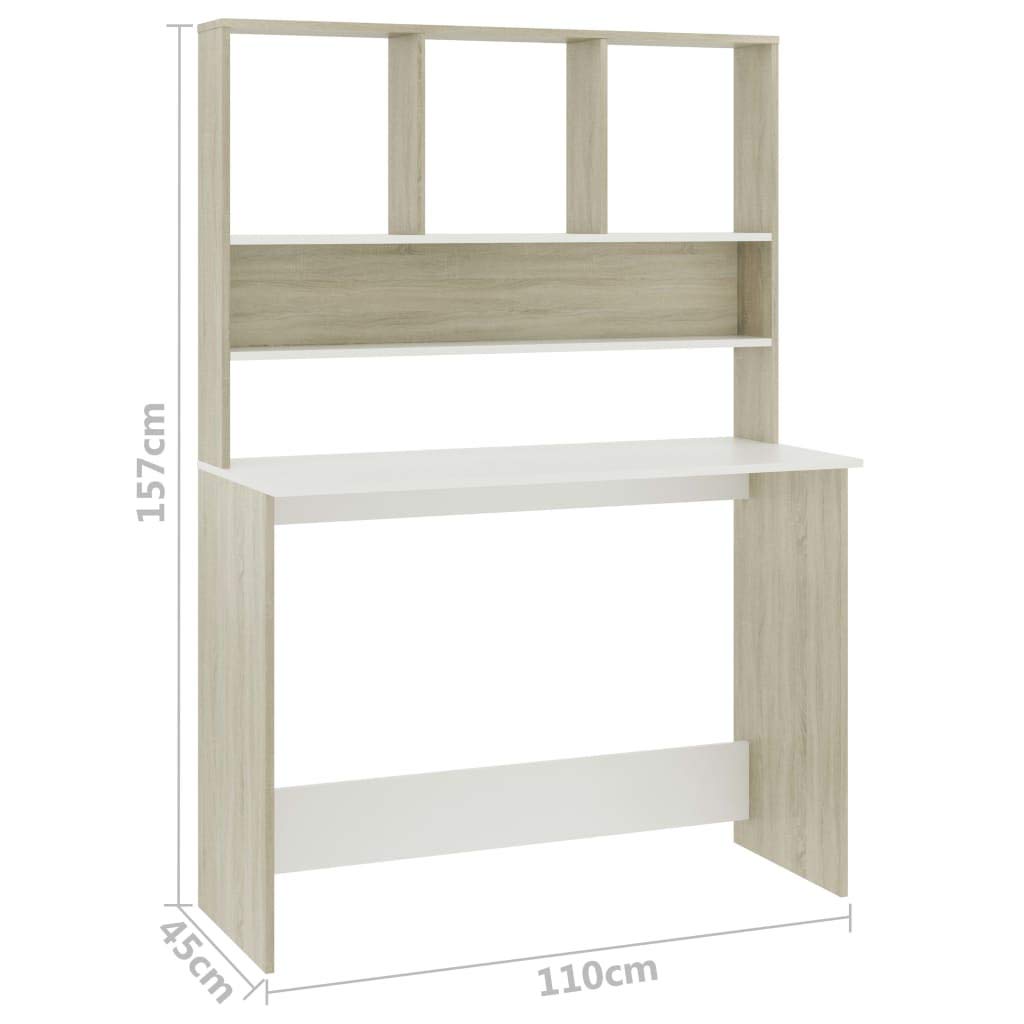 FAMIROSA White and Sonoma Oak Computer Desk with Shelves, 43.3x17.7x61.8 Inches, Sturdy Chipboard - Perfect for Home Office, Study Room, and Small Spaces