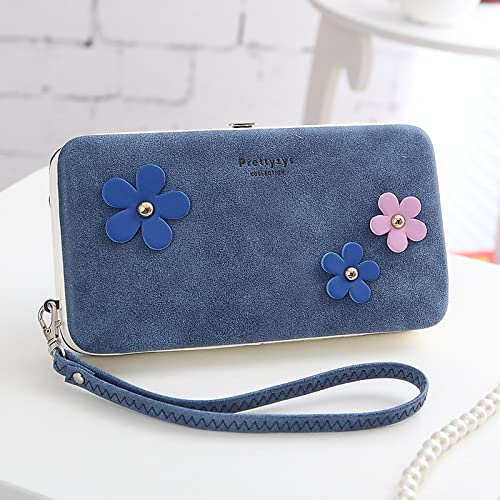 JUBLYN Women's PU Leather Flower Design Wallet with Card Holder & Cellphone Pocket - Stylish Money Bag Clutch Purse for Women (Dark Blue) | Perfect for Parties, Dating, and Everyday Use