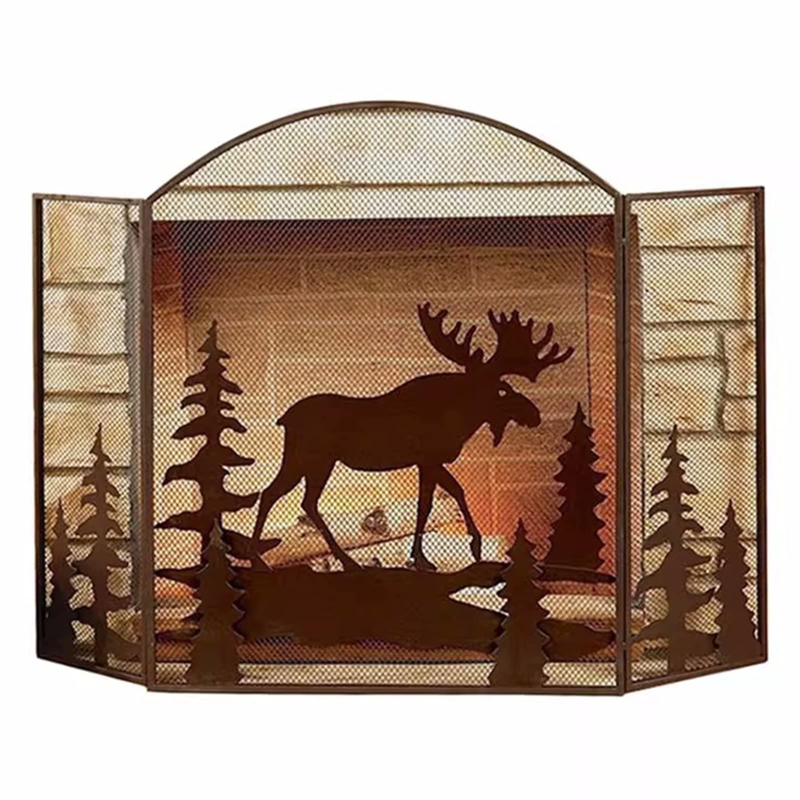 INKCOR 3-Panel Fireplace Screen with Elk & Tree Design - Antique Aged Finish for Wood Burner & Campfires - Rustic Fireplace Guard for Indoor & Outdoor Use