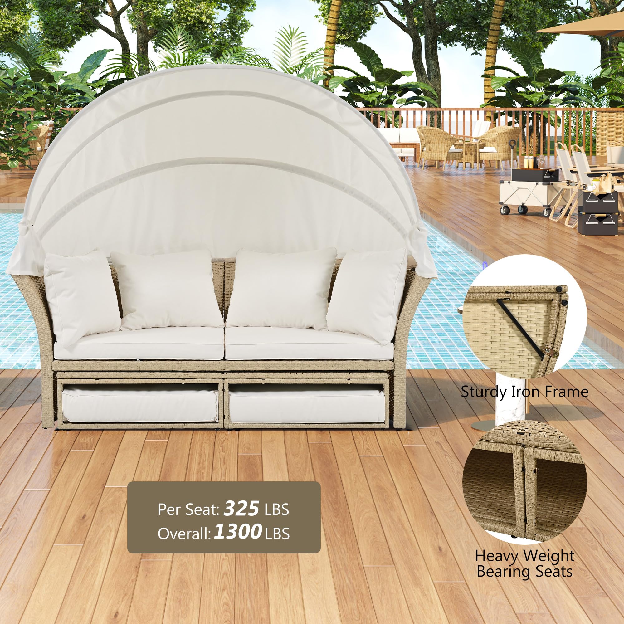P PURLOVE Outdoor Canopy Bed Patio Daybed with 4 Pillows - Wicker Rattan Double Daybed Round Sofa Set with Retractable Canopy - 2-Person Patio Furniture for Lawn, Garden, Backyard, Poolside (Beige) - Perfect for Relaxing, Sunbathing & Outdoor Lounging