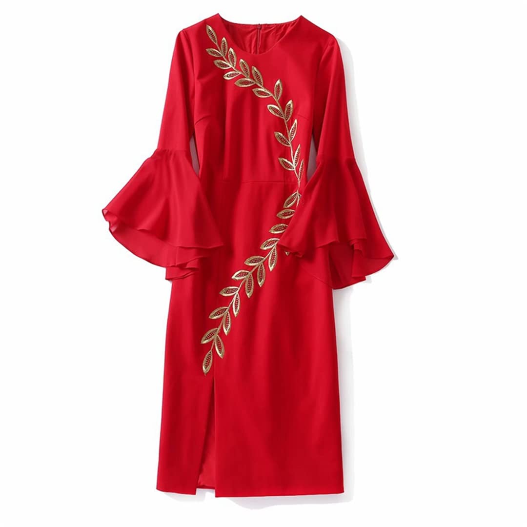 Elegant Office Ladies Dress with Flare Sleeves - Luxury Beaded Embroidery Midi Dress in Black & Red | Perfect for Work, Cocktail Parties & Special Occasions