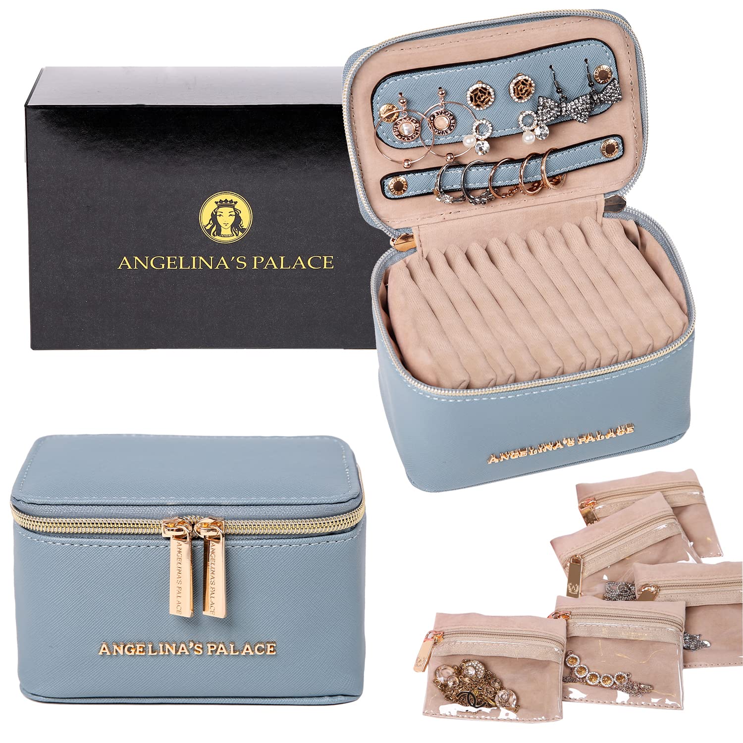 Angelina's Palace Jewelry Organizer Case - Vegan Leather Travel Jewelry Box for Necklaces, Earrings, Bracelets & Rings - Perfect Bridesmaid Gift & Jewelry Storage Solution (Pearl Blue) - Ideal for Travel, Home Organization & Wedding Accessories