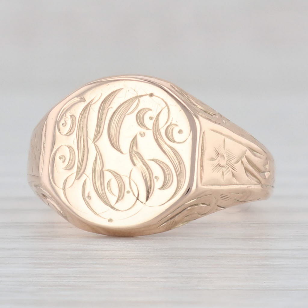 Antique Monogram Signet Ring - 10k Yellow Gold, Size 7, Floral Engraved Design for Men & Women - Perfect for Weddings, Gifts & Formal Occasions