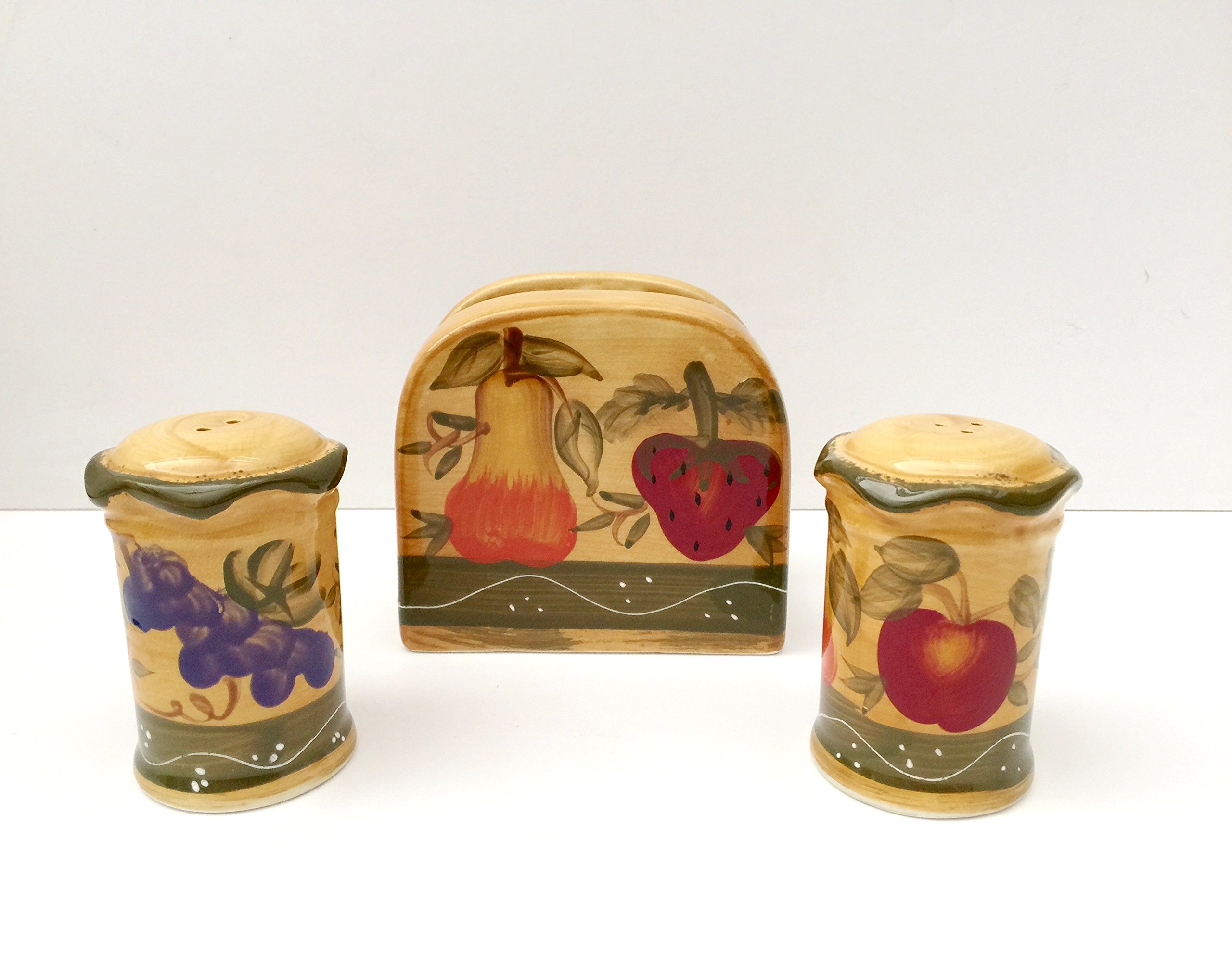 Hand Painted Ceramic Fruit Salt and Pepper Shakers Set with Napkin Holder - Refillable Kitchen Décor for Dining Table, Countertop, and Party Serving