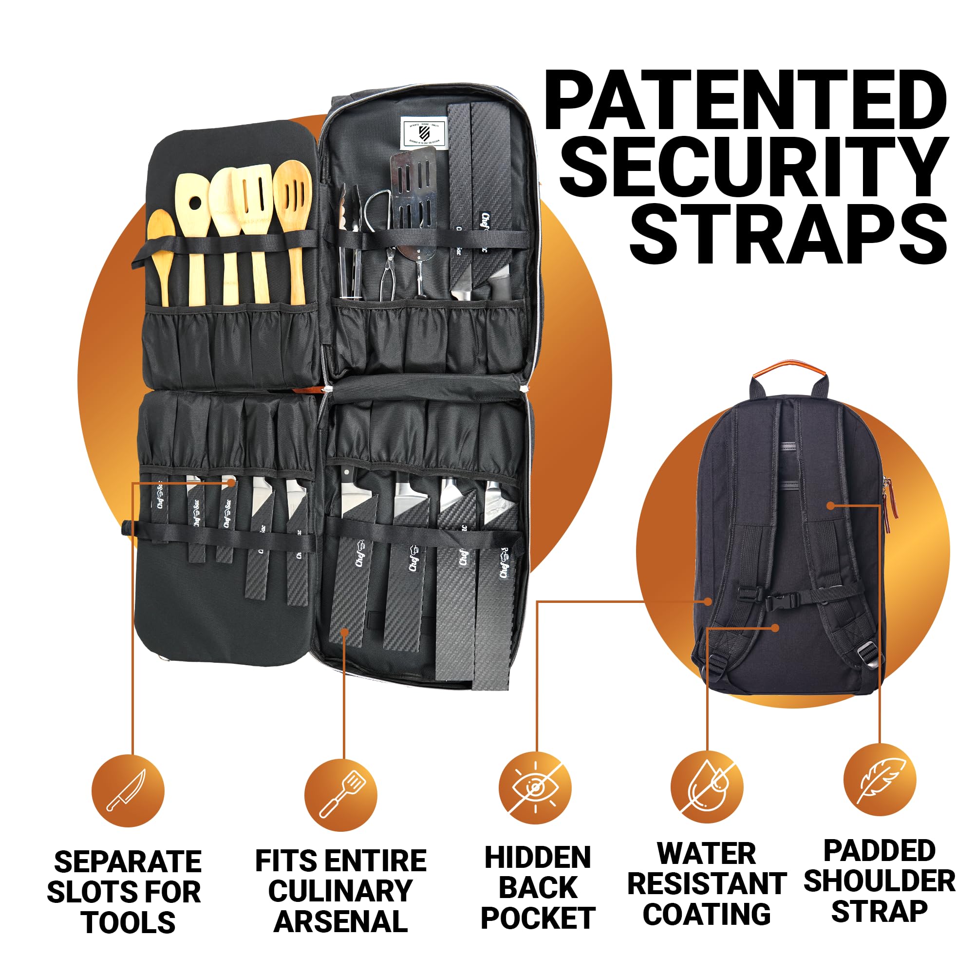 Premium Magnetic Chef Knife Backpack - 20+ Pockets for Professional Knives & Cooking Tools - Large Compartment for Tablet & Laptop - Durable Kitchen Backpack for Chefs & Culinary Students (Black) - Perfect for Restaurant Work, Culinary School & Outdoor Catering Events