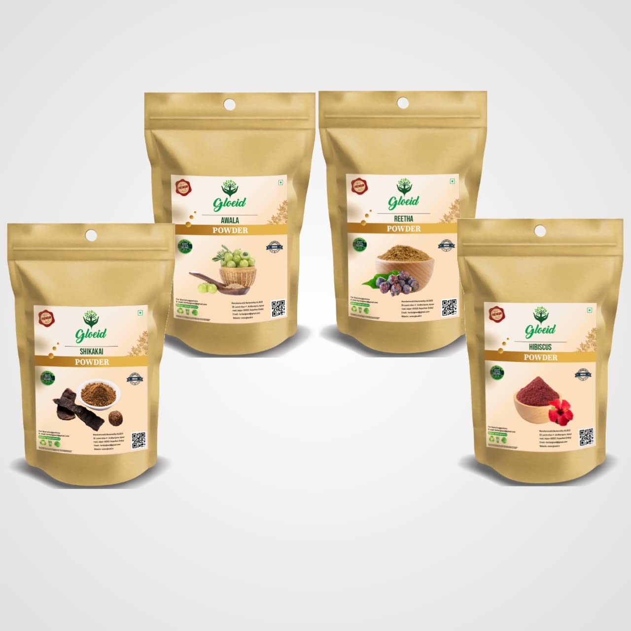 Organic Hair Care Combo Pack - Gloeid Amla Powder, Reetha Powder, Shikakai Powder & Hibiscus Powder (50gm Each) for Natural Hair Growth, Dandruff Treatment & Scalp Care - DIY Ayurvedic Hair Mask for Shiny, Strong & Healthy Hair