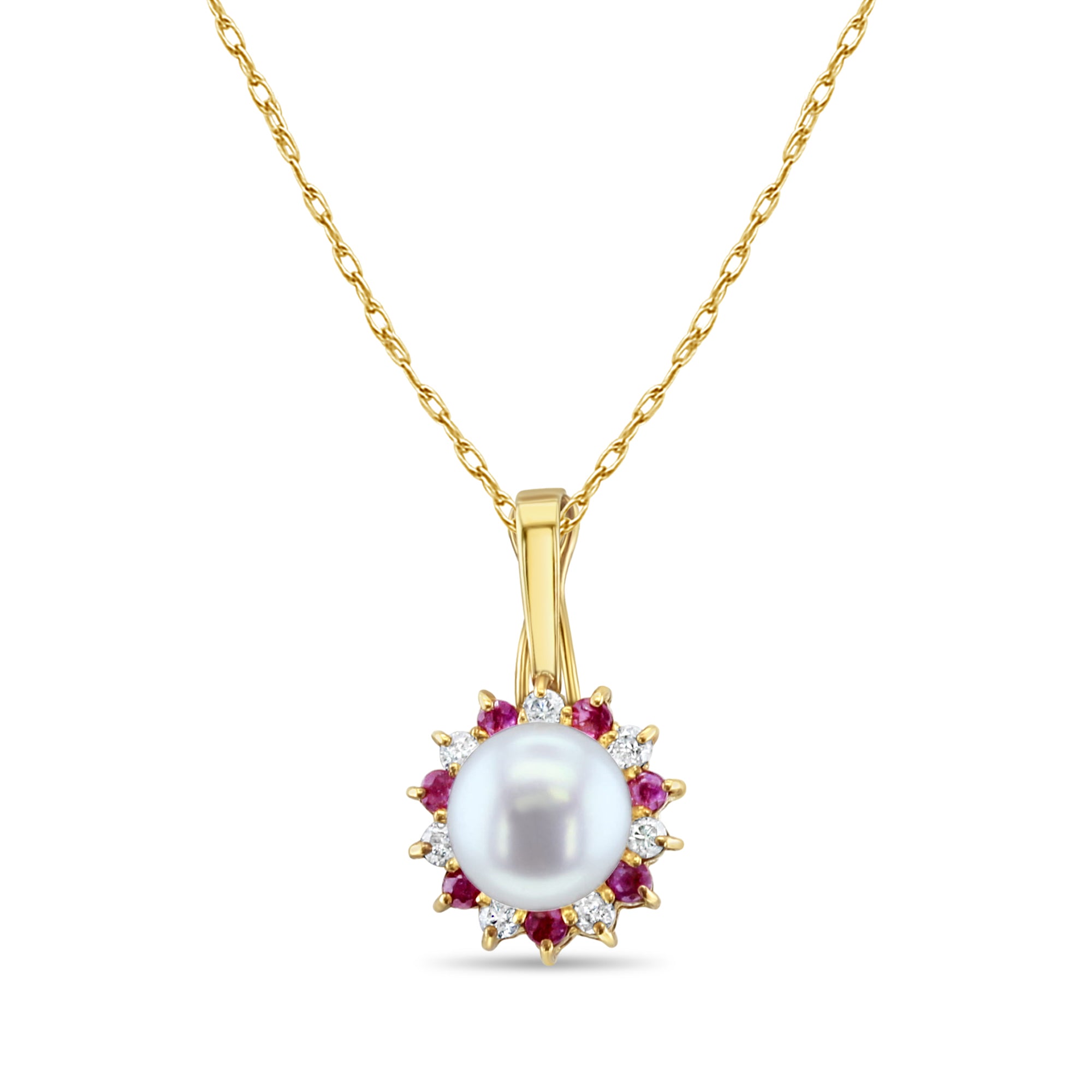 14k Yellow Gold Freshwater Pearl Necklace with Diamond & Ruby Halo - Elegant Bridal Jewelry, Anniversary Gift for Her, Perfect for Weddings & Special Occasions