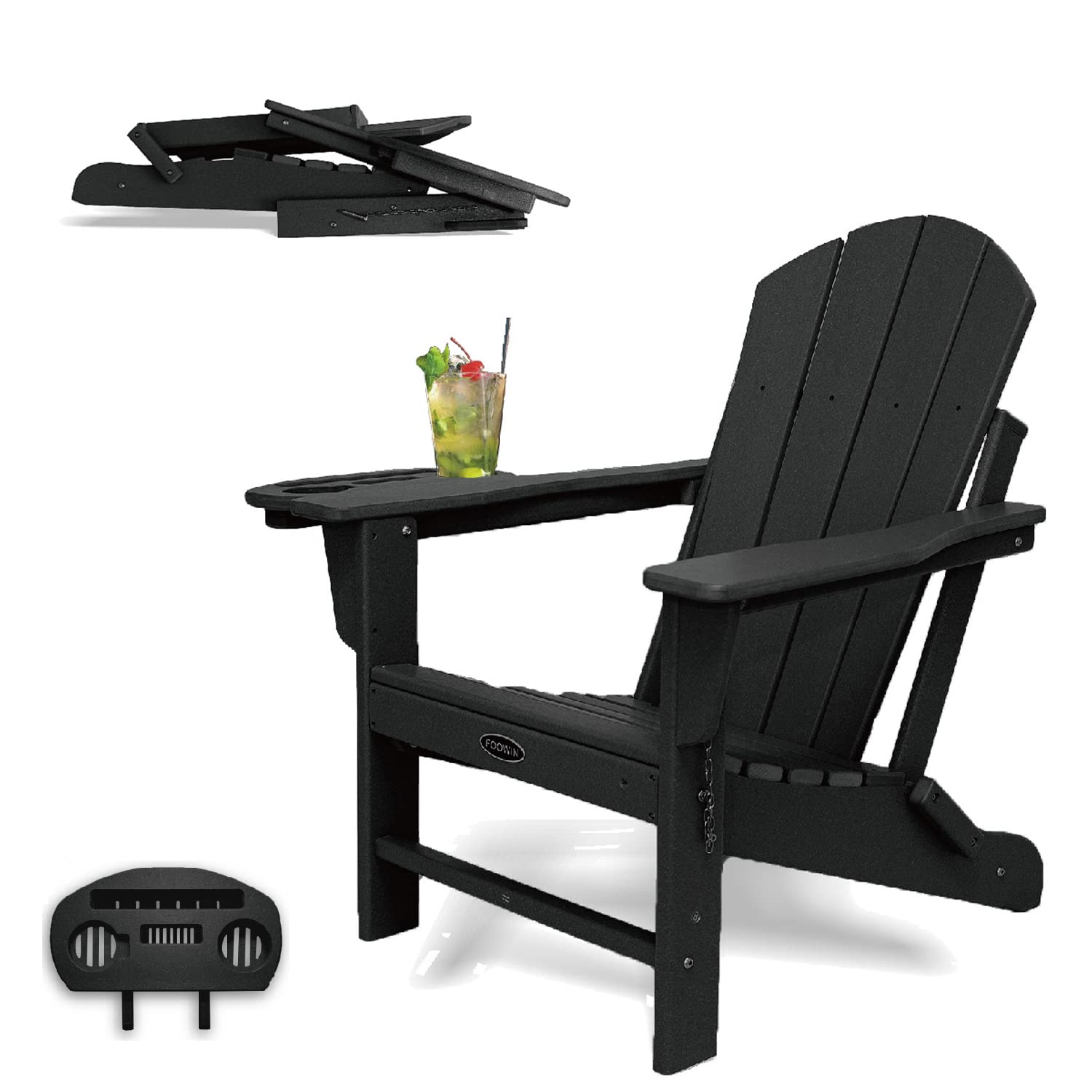 Durable Plastic Adirondack Chair with 4-in-1 Cup Holder Tray - Weather-Resistant Folding Outdoor Furniture for Garden, Lawn, Deck & Beach - Coal Black - Perfect for Relaxing in Backyard, Patio or Poolside